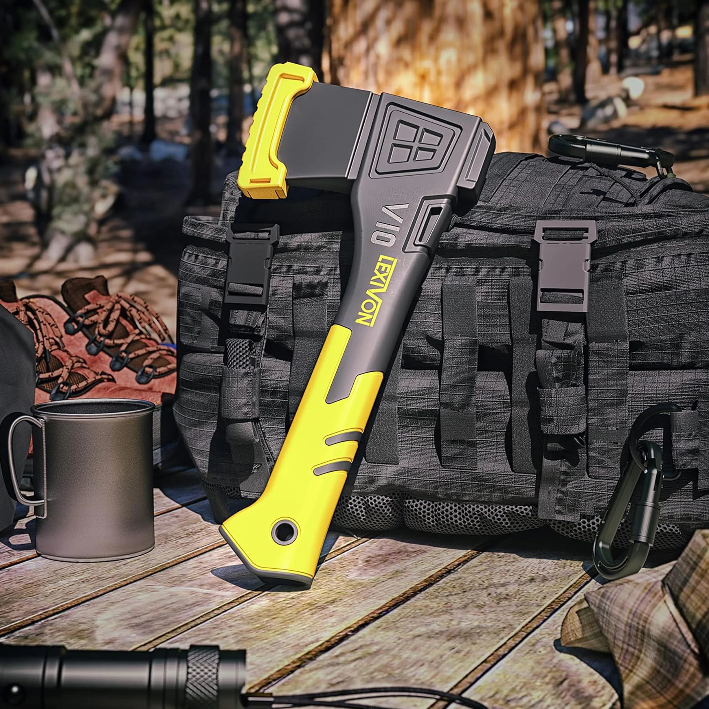 LEXIVON V10 Hacha de Camping de Longitud: 25 CM | Agarre ergonómico TPR, Mango Compuesto Ligero de Fibra de Vidrio | Funda Protectora incluida (LX-V10)