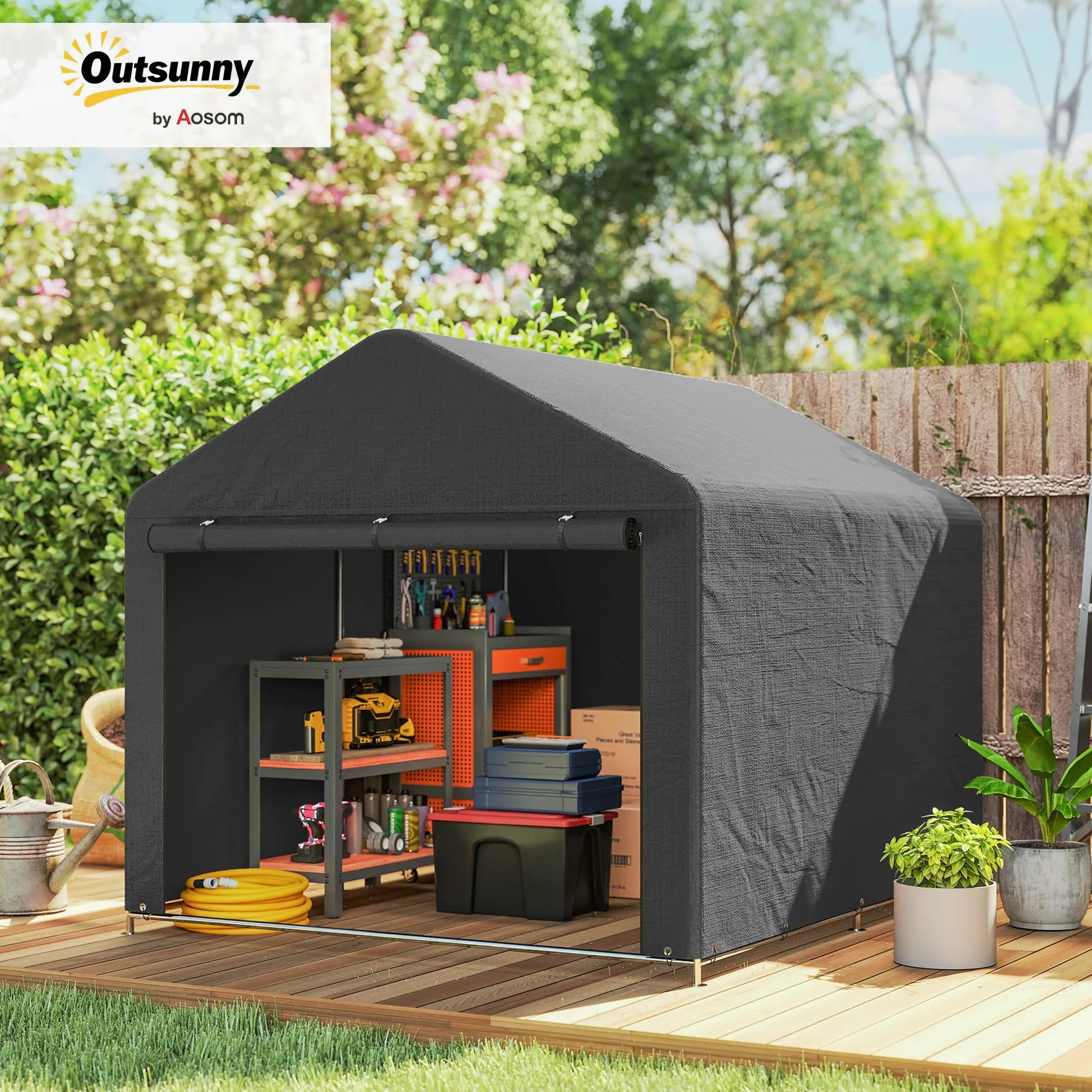 Outsunny 6.6x7.8ft Cobertizo jardín Impermeable Gris Oscuro | Tienda bici, puerta enrollable cremallera, marco metal galvanizado, cobertizo portátil para moto, herramientas