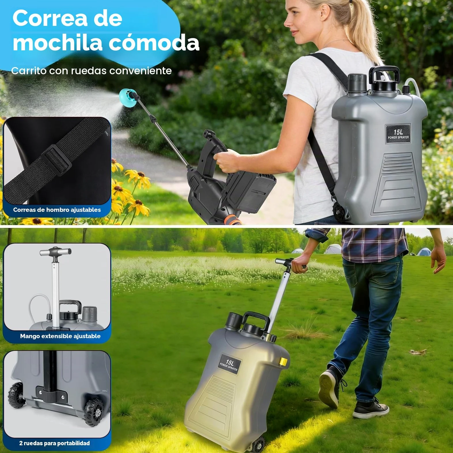 15L Pulverizador Electrico con Carro,Pulverizador Jardín Compatible Baterías Makita 18V,Mochila Pulverizadora,Pulverizadora Bateria con 5 Boquillas,3 Velocidad Ajustable, 3.0Ah Bateria,Telescópica