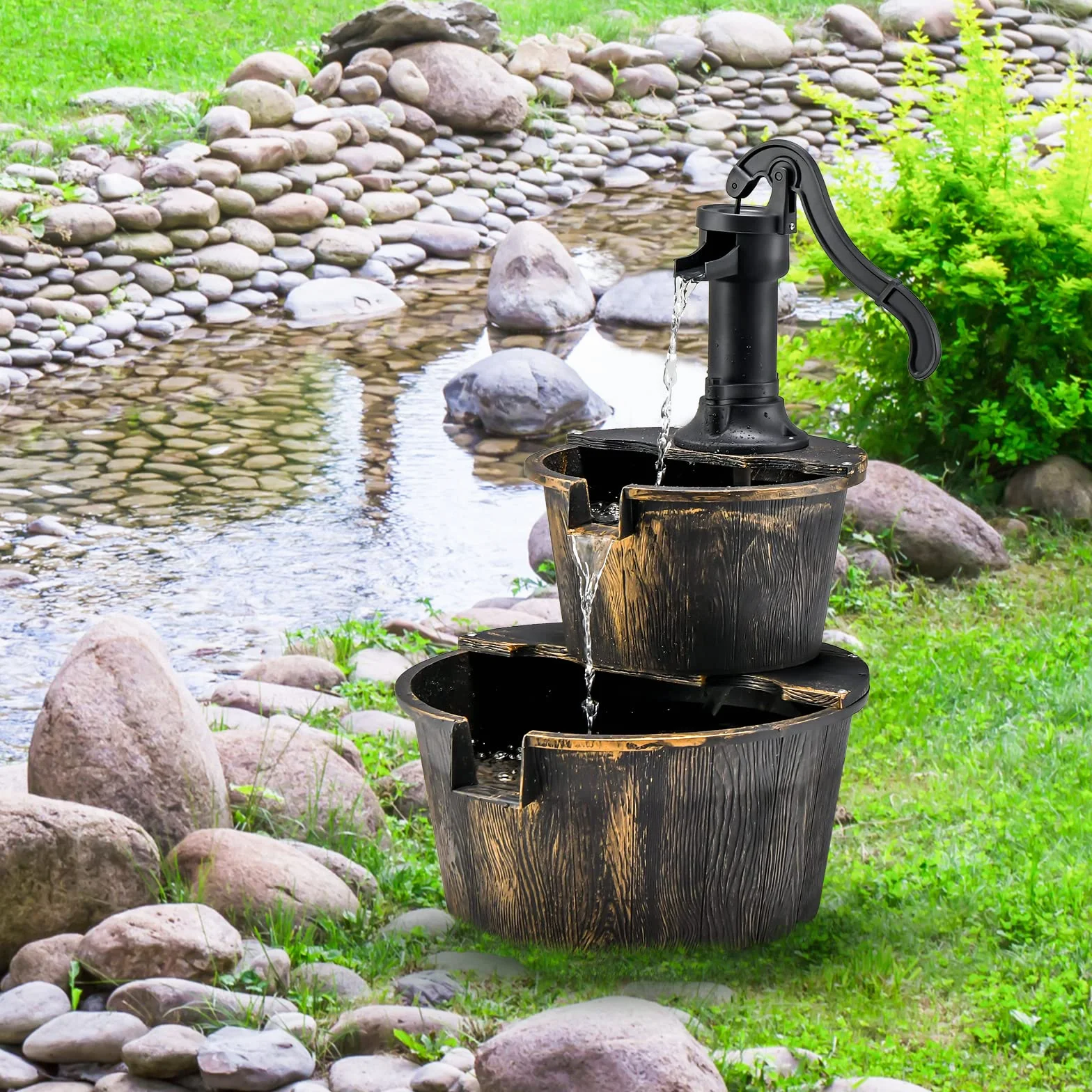 COSTWAY Fuente de Cascada de Barril al Aire Libre de 2 Niveles, Rústica con Bomba Ajustable, 68 cm para Jardín, Patio, Decoración