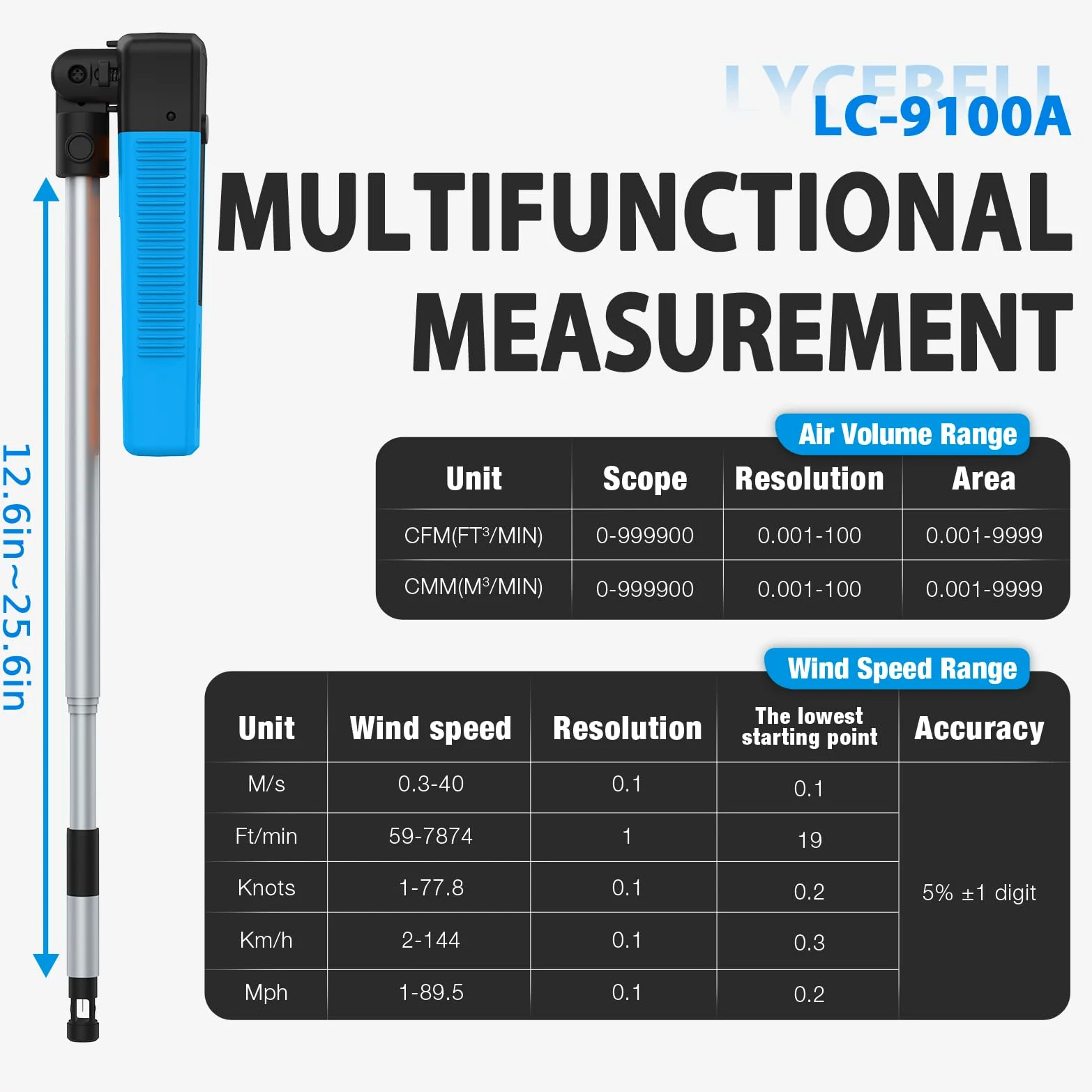 Anemómetro de cable caliente de mano con aplicación Bluetooth, sonda telescópica, medidor CFM de flujo de aire mide velocidad de maleza de 1 a 89.5 mph, baja velocidad de flujo, temperatura