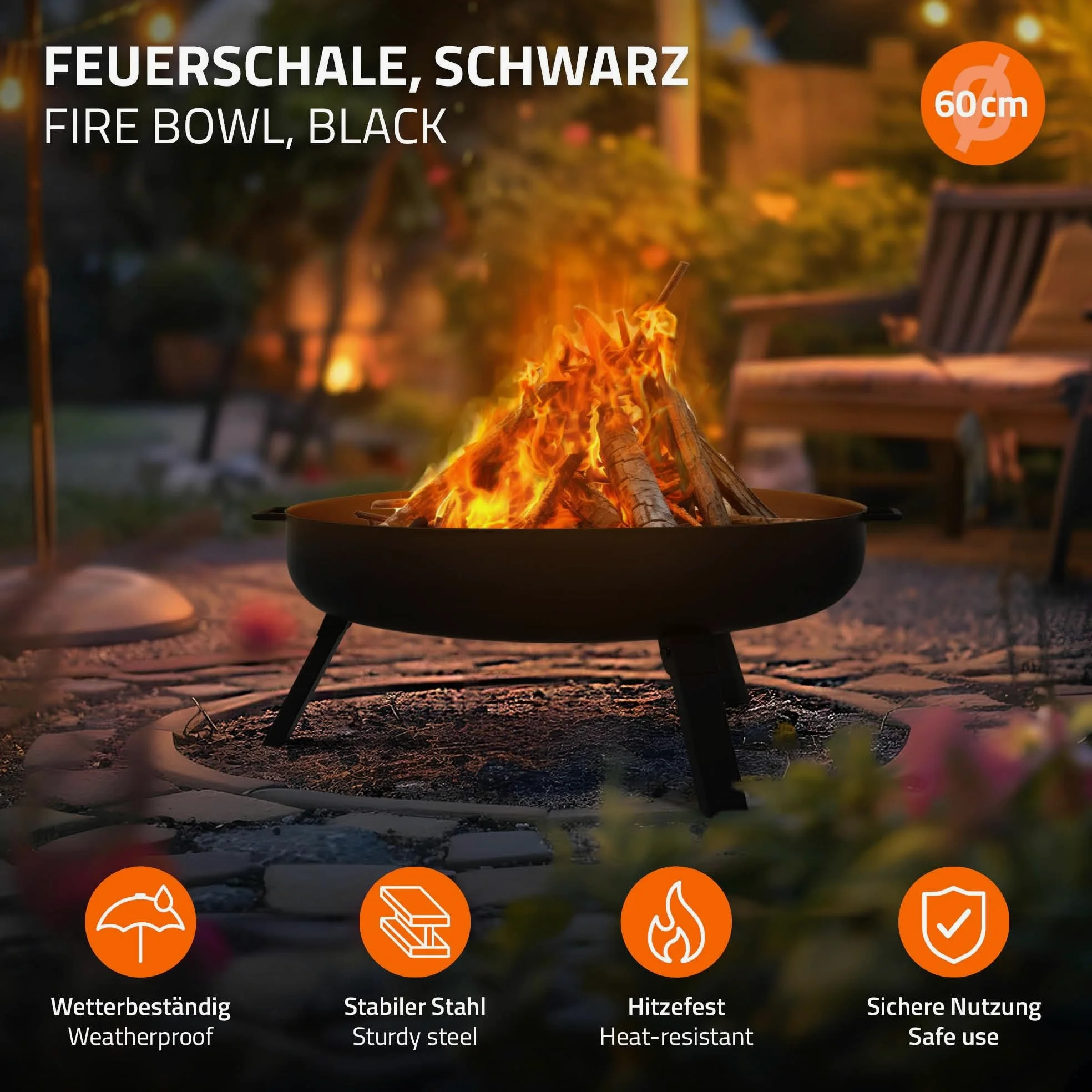 ECD Germany Cuenco de Fuego 60 x 27 cm Brasero Exterior Redondo de Acero con 3 Patas Plegables y Asas de Transporte, Fire Bowl Negro con 2 Agujeros de Drenaje Ideal para Barbacoas de Jardín o Camping