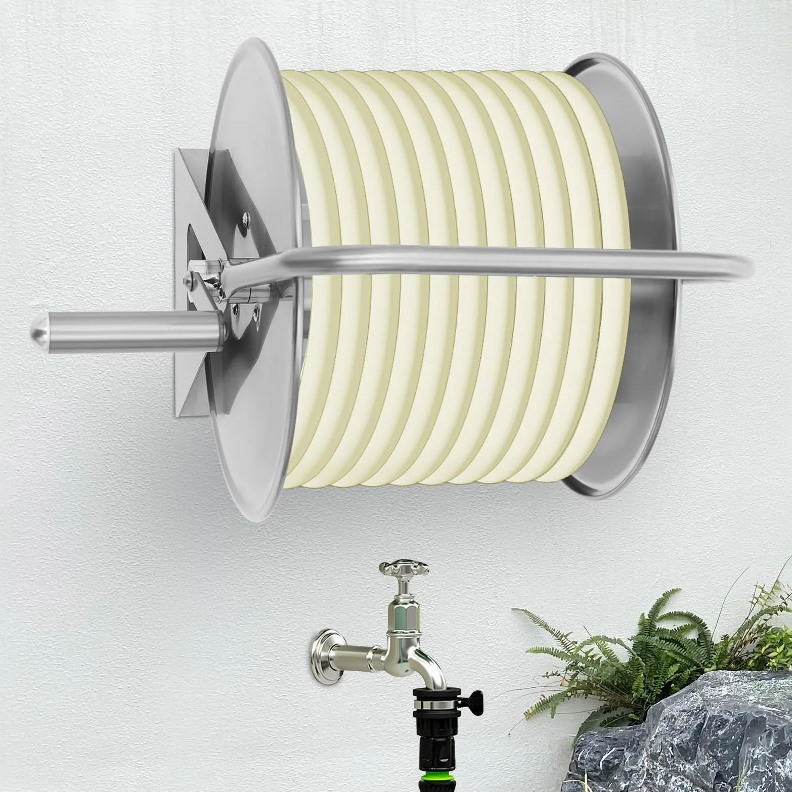 Carrete de manguera de pared de 50 m sin manguera, enrollador de manguera de jardín, de acero inoxidable, montaje en suelo, rollo de manguera de agua con manivela, hasta 16 x 12 mm, 27,5 x 20 x 43 cm