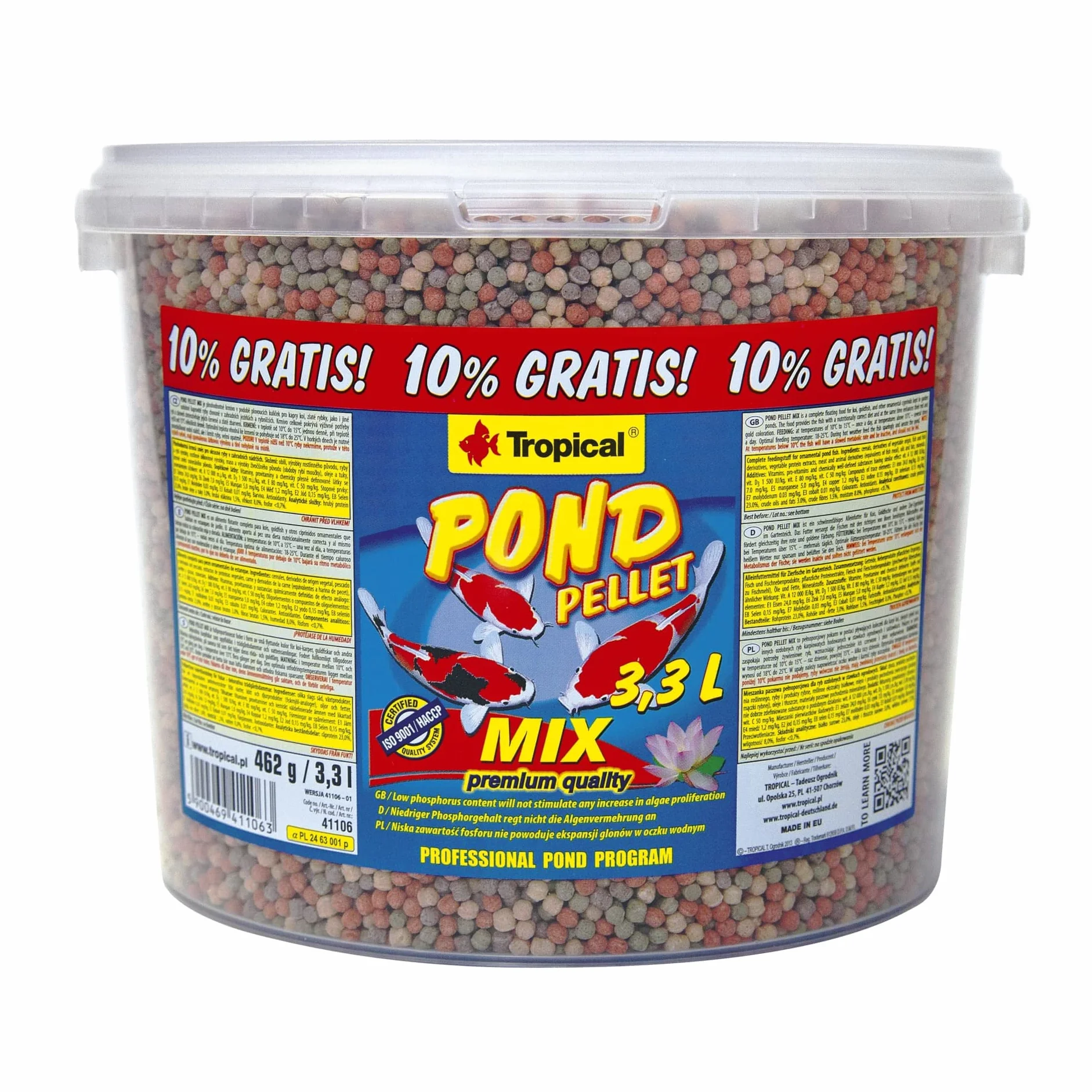 Pond Pellet Mix 3,3L / 462g - Alimento Flotante básico para Peces de Estanque, bajo Contenido en fósforo no favorece la proliferación de Algas