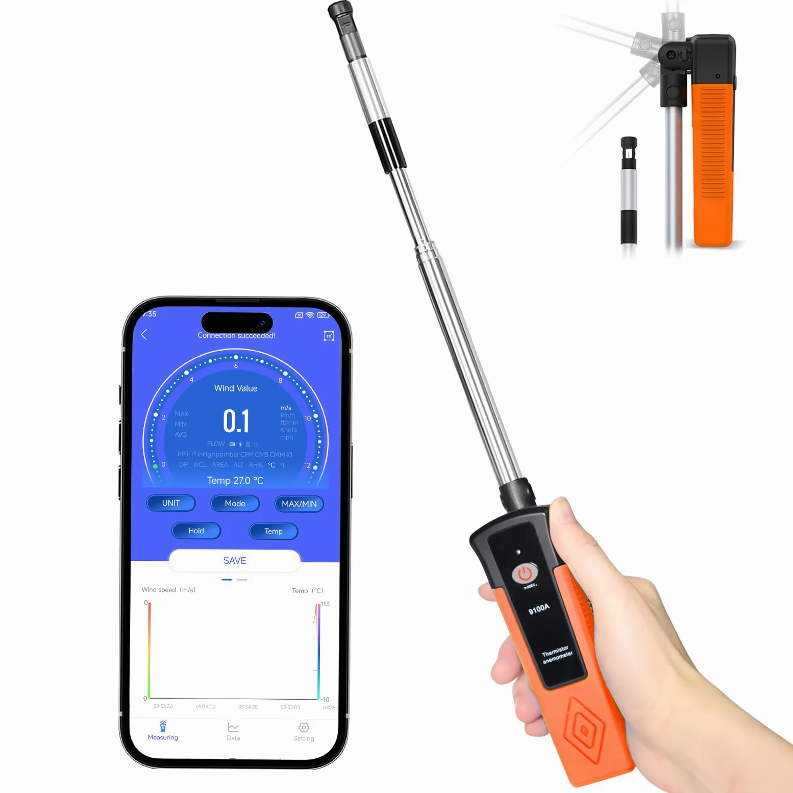 Anemómetro de hilo caliente, XF-9100A Medidor de Velocidad Flujo Aire CFM/CMM con conexión aplicación Bluetooth, Hotwire Anemometer con sonda telescópica, Anemómetro térmico para HVAC, Drones