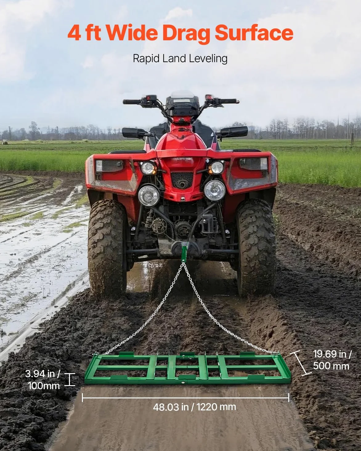 VEVOR Rastrillo de Arrastre 122 cm Cadena de 183 mm Nivelación de Caminos Acceso Vehículos Todo Terreno