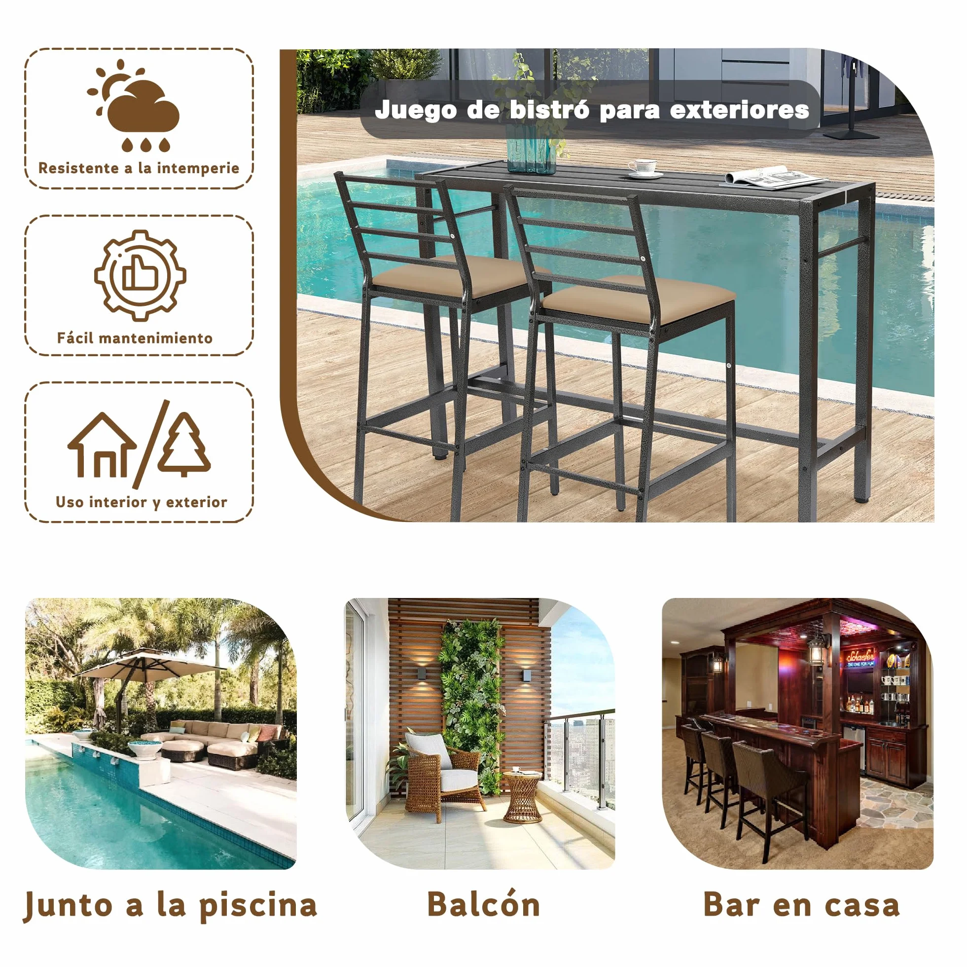 Juego de Comedor y Bar para Patio de 3 Piezas, Mesa Rectangular Resistente de 140 cm de Altura con 2 taburetes Acolchados, Mesa y sillas de Metal para Patio, Porche, bistró o balcón.
