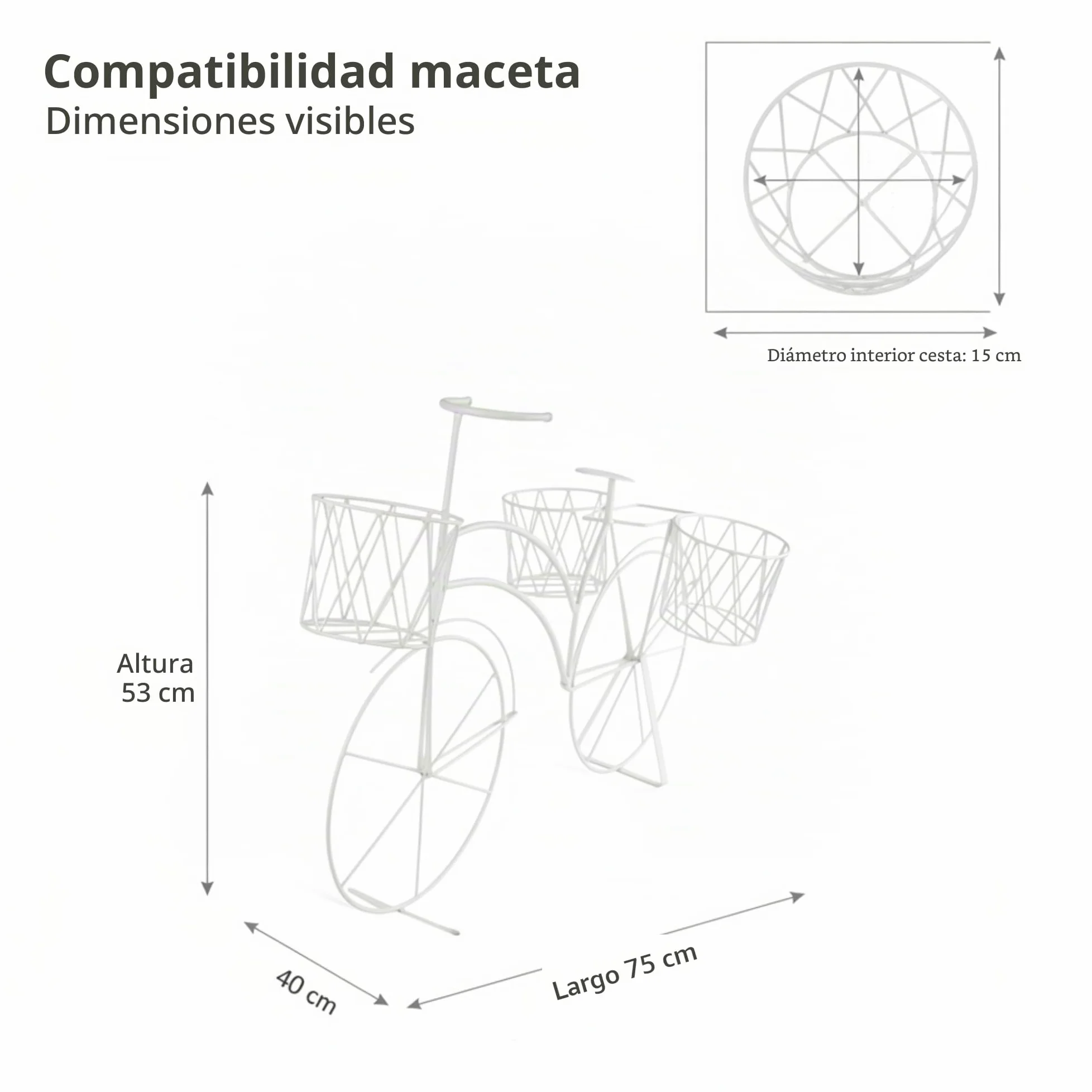 Maceteros Decorativos Interior, Macetas Decorativas Interior, Soporte Plantas Interior, Estanteria Plantas, Decoracion Hogar Vintage, Soporte Para Macetas Hierro - Bicicleta Blanca 3 Cestas 75x40x53cm