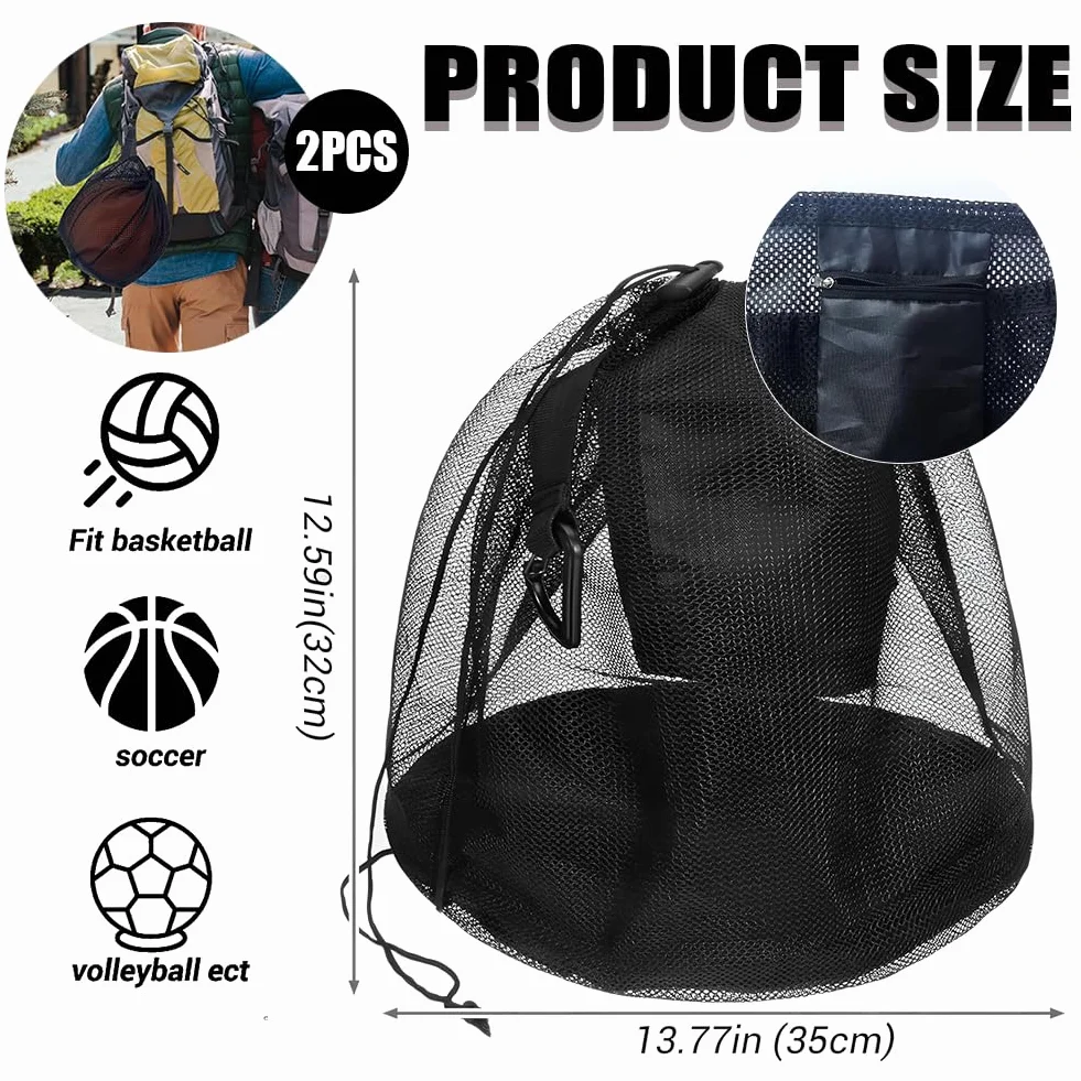 Bolsa de Malla para Pelotas Saco de Pelota con Cordón y Gancho para Baloncesto Fútbol Voleibol Negro