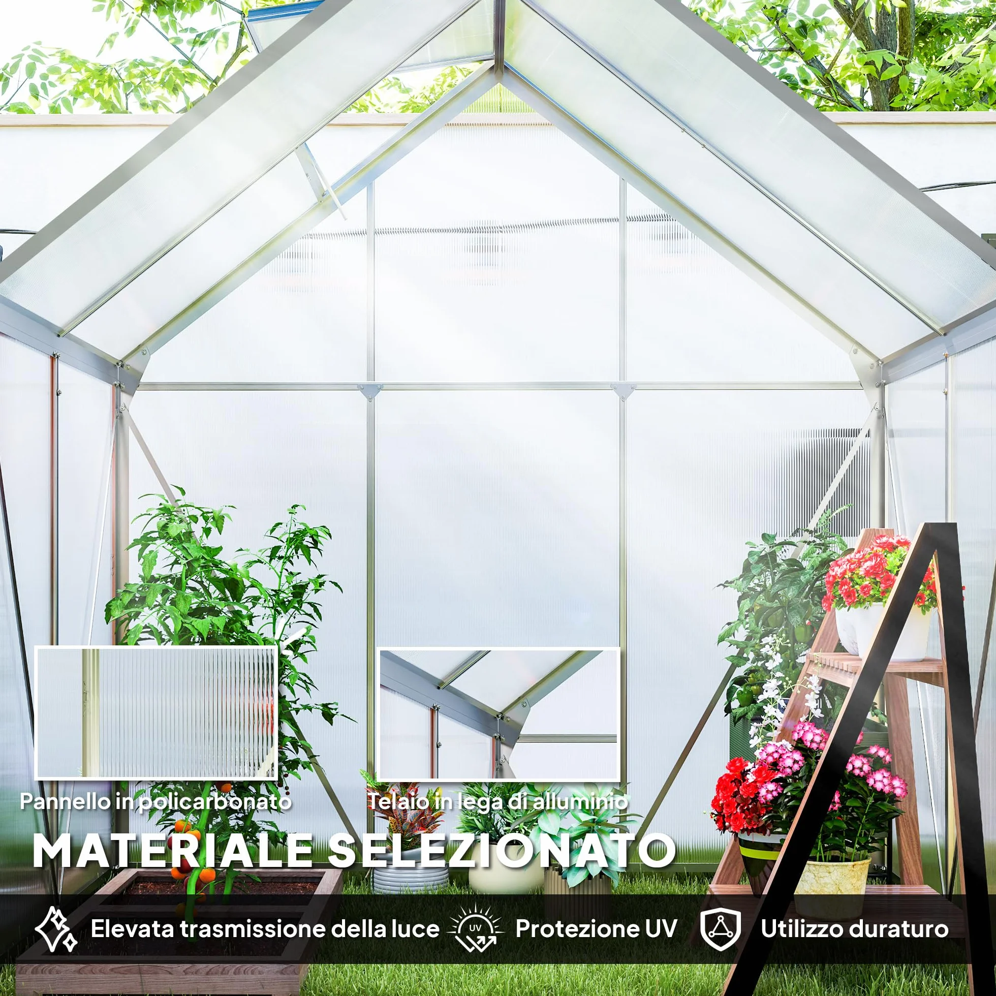 Outsunny Invernadero de jardín de policarbonato con marco de aleación de aluminio 2,5㎡, invernadero para huerto con base, canalones, ventana de techo ajustables, puerta batiente, para plantas, anti UV
