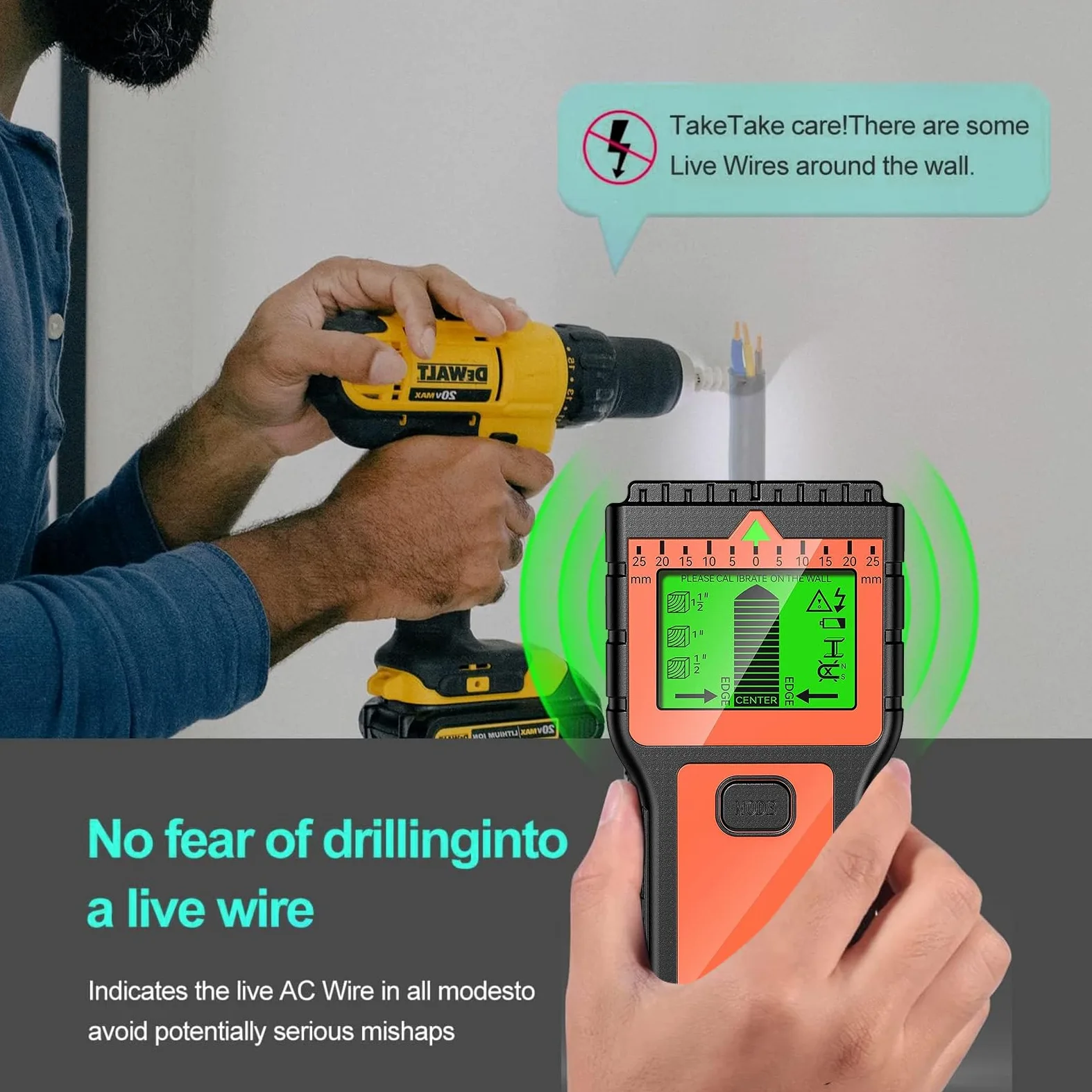 Escáner de pared 8 en 1, detector de pernos con pantalla LCD y alarma de audio, detector de cables para pared, madera, alambre de CA, metal, vigas de cable, detección de tuberías (naranja)