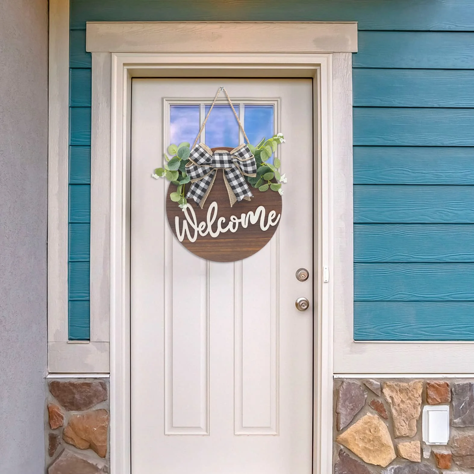 Letrero de Bienvenida Puerta Frontal Señal Madera Redonda Colgante Coronas de Bienvenida con Lazo y Flores para Casa de Campo Porche Decoración de La Puerta Delantera, 30 x 30 cm