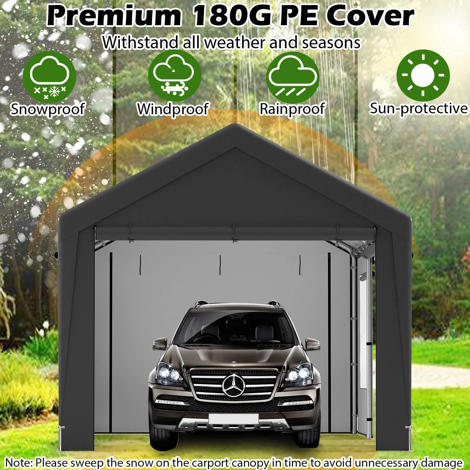 SOARS Carpa de Garaje 300 x 595 x 280, Tienda de campaña con 8 Paredes Laterales extraíbles, Marco de Metal, Paneles de Ventanas de Polietileno, Puertas enrollables, Refugio para Garaje, Incluye
