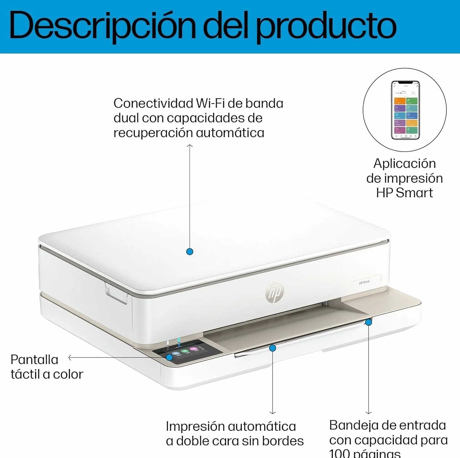 HP Envy 6120e Impresora multifunción de inyección de tinta A4 color Wi-Fi impresión doble cara automática 10 ppm Instant Ink Blanca