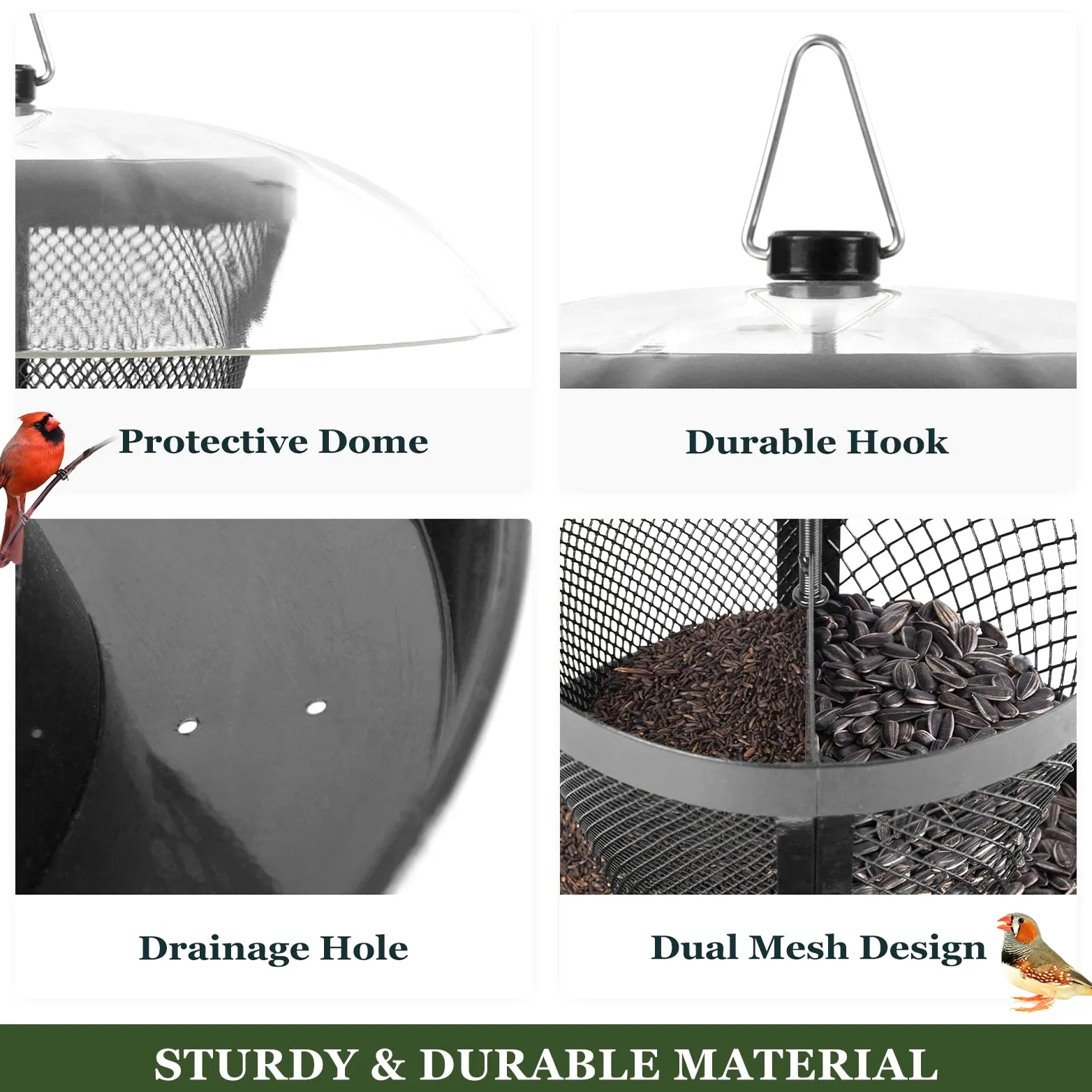 Kingsyard Comedero para pájaros de malla metálica exterior con cúpula resistente a la intemperie, doble alimentador de 2.5 libras. Capacidad de semillas para pinzón cardenal
