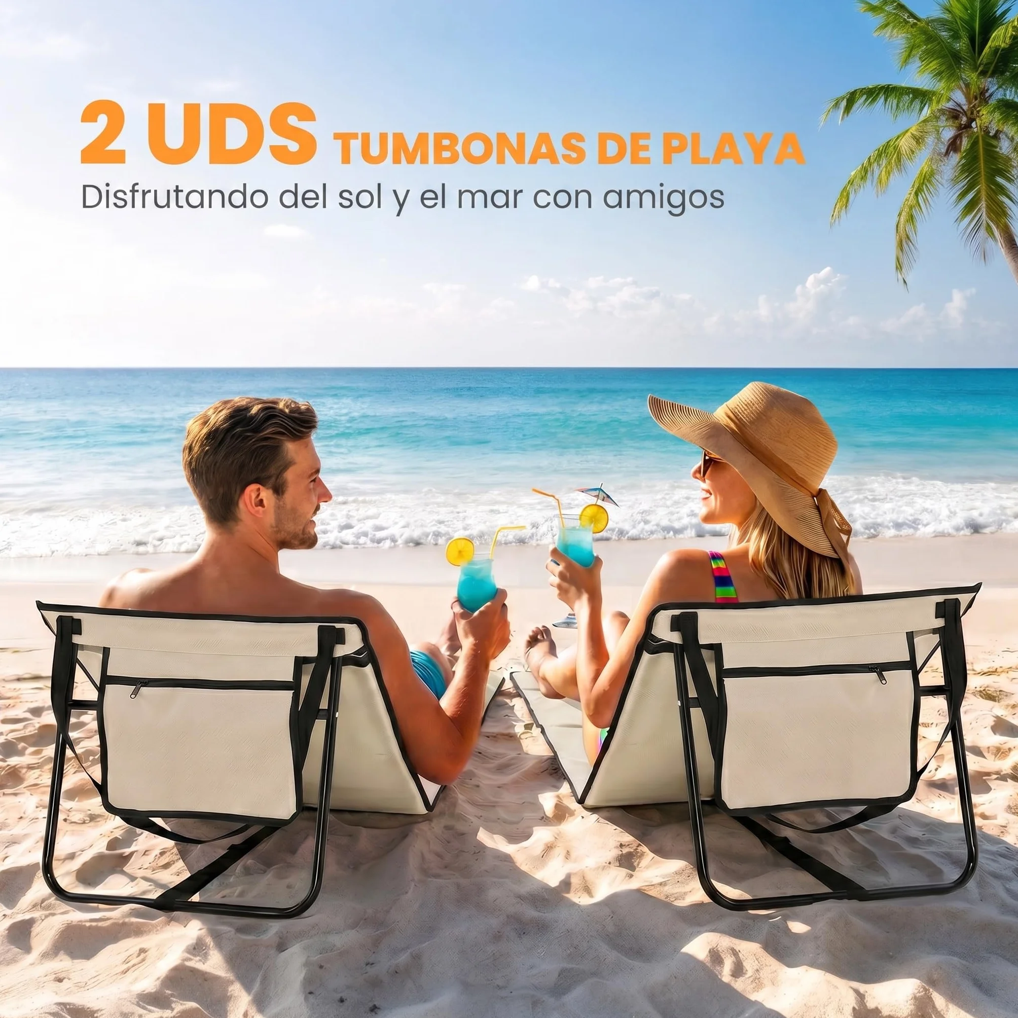 Outsunny Conjunto de 2 Esterillas de Playa Plegable Esteras Acolchadas de Tela Oxford PVC 600D con Respaldo Reclinable y Correa de Transporte para Jardín 142x51x40 cm Beige