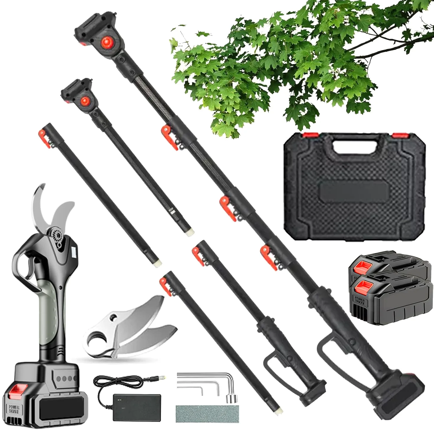 Tijeras De Podar Eléctricas De 980 W, Cortarramas De 6 Cm De Apertura, Con Pértiga Extensible Desmontable De 2,0 M, Rango De Corte De 4-4,5 Cm, Aptas Para Podar Vides, Ramas, Arbustos, Etc,2battery