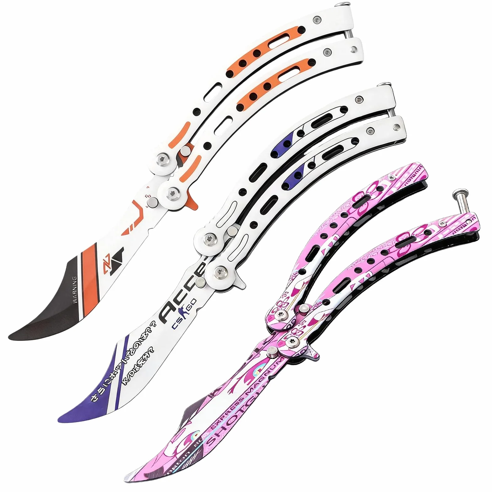 Juego de 3 cuchillos de entrenamiento mariposa acero inoxidable hojas desafiladas balisong legal mango curvo