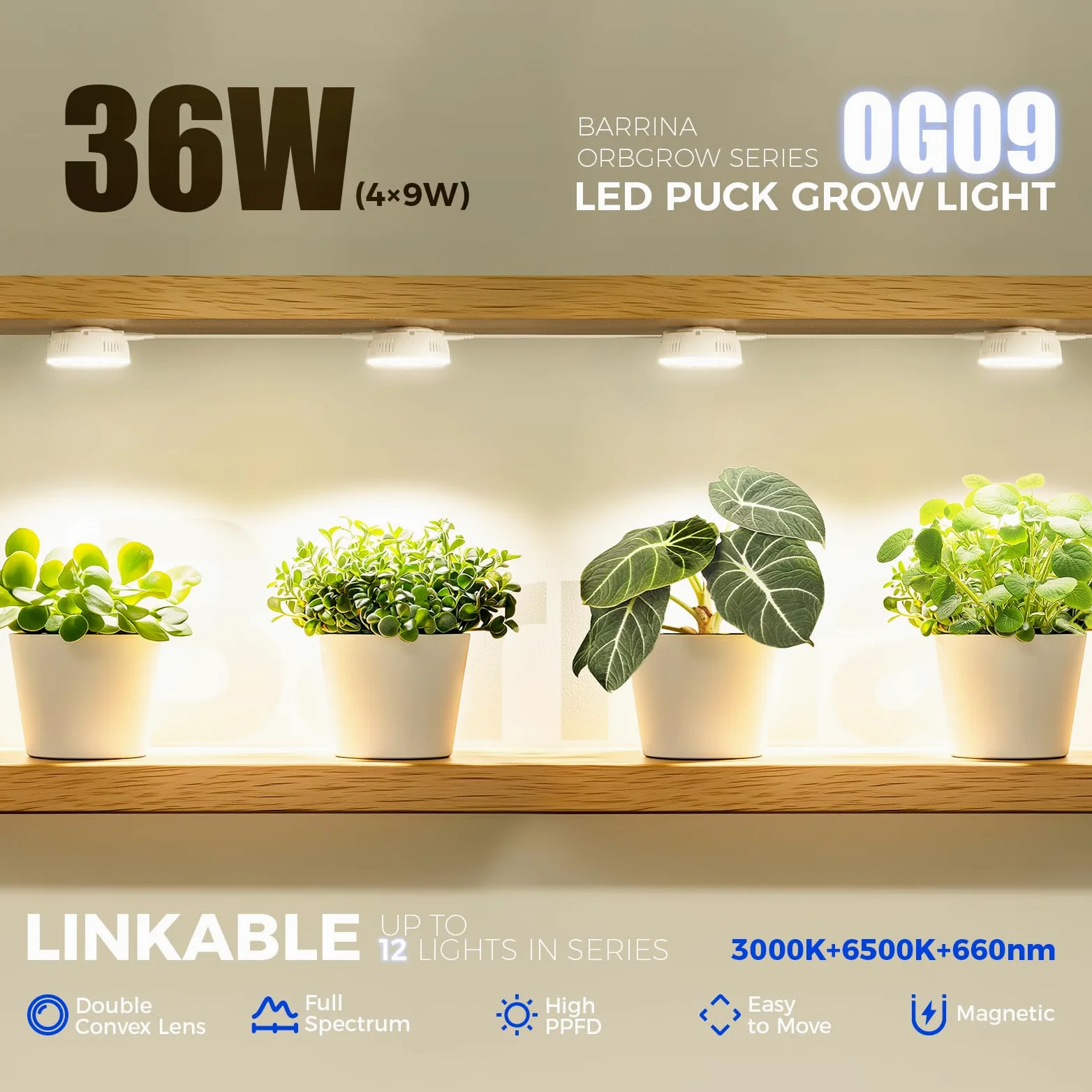 Barrina Orbgrow OG09 - Luz de cultivo con temporizador, LED rojos de 660 nm de 36 W (4 x 9 W, equivalente a 540 W), luz de espectro completo para plantas de interior, magnética y enlazable, 5 niveles