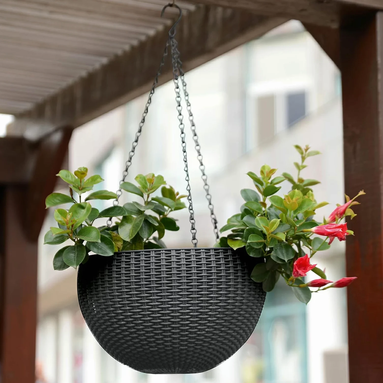 CPROSP 2pcs 28cm Auto-Riego Jardinera Colgante con Indicadores de Nivel de Agua y Ganchos De Cadena, Autorriego Maceta Colgante, Jardinera De Riego Maceta Auto para Exteriores, Techos, Balcones Negro