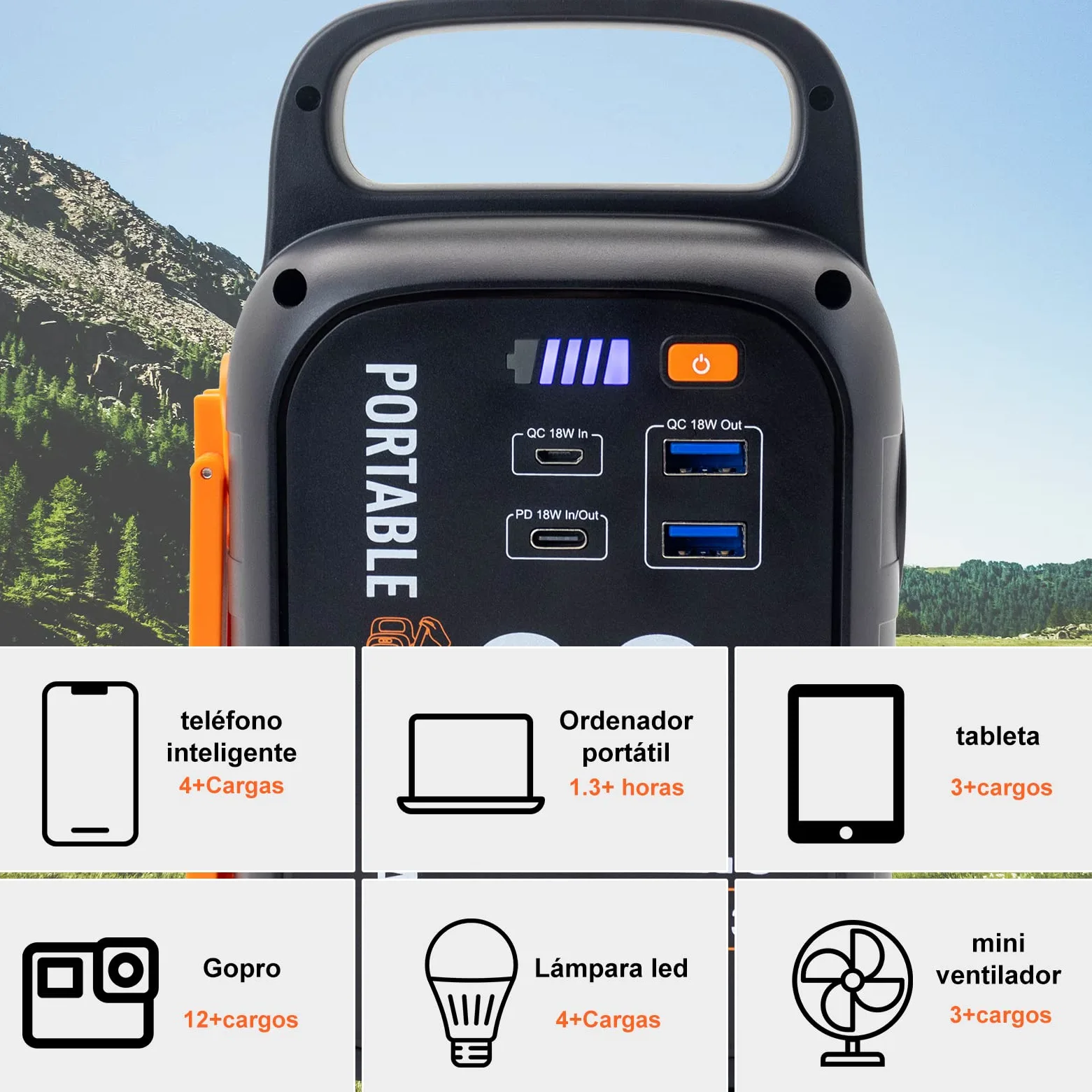 Crank Power Bank 22500mAh, 18W carga rápida USB tipo-C, 83.25Wh generador de energía con luz LED para emergencia camping al aire libre.