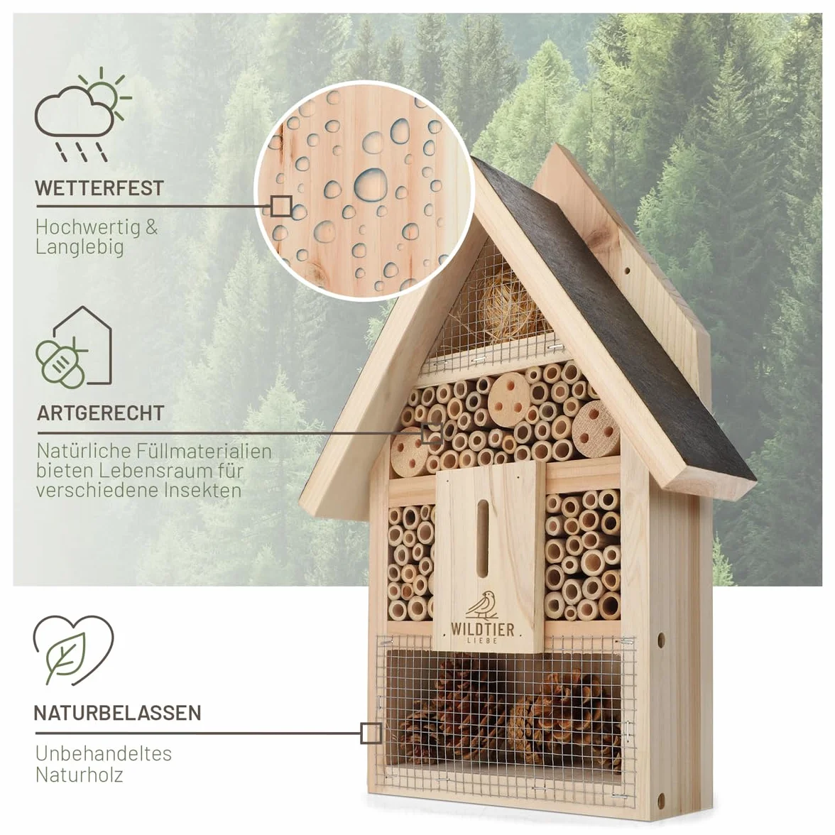 wildtier liebe Hotel para insectos grande, hotel de abejas sin tratar, incluye atrayente, madera maciza atornillada, casa para insectos para abejas, mariquitas y mariposas, hotel de abejas