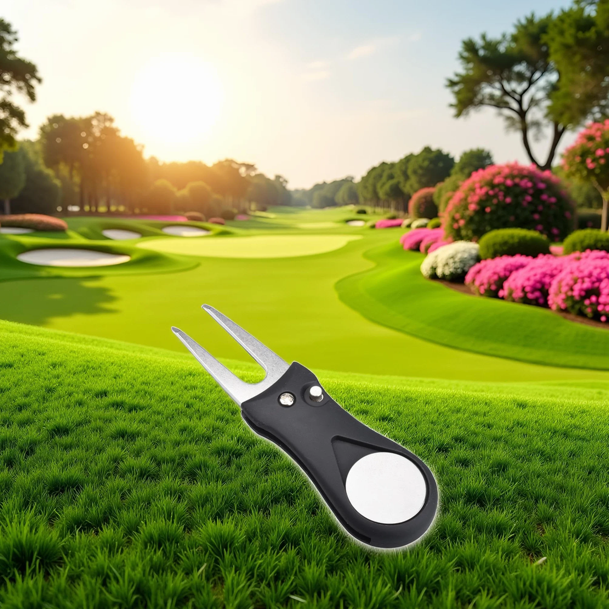 Herramienta de reparación de golf de acero inoxidable plegable con marcador de pelota desmontable