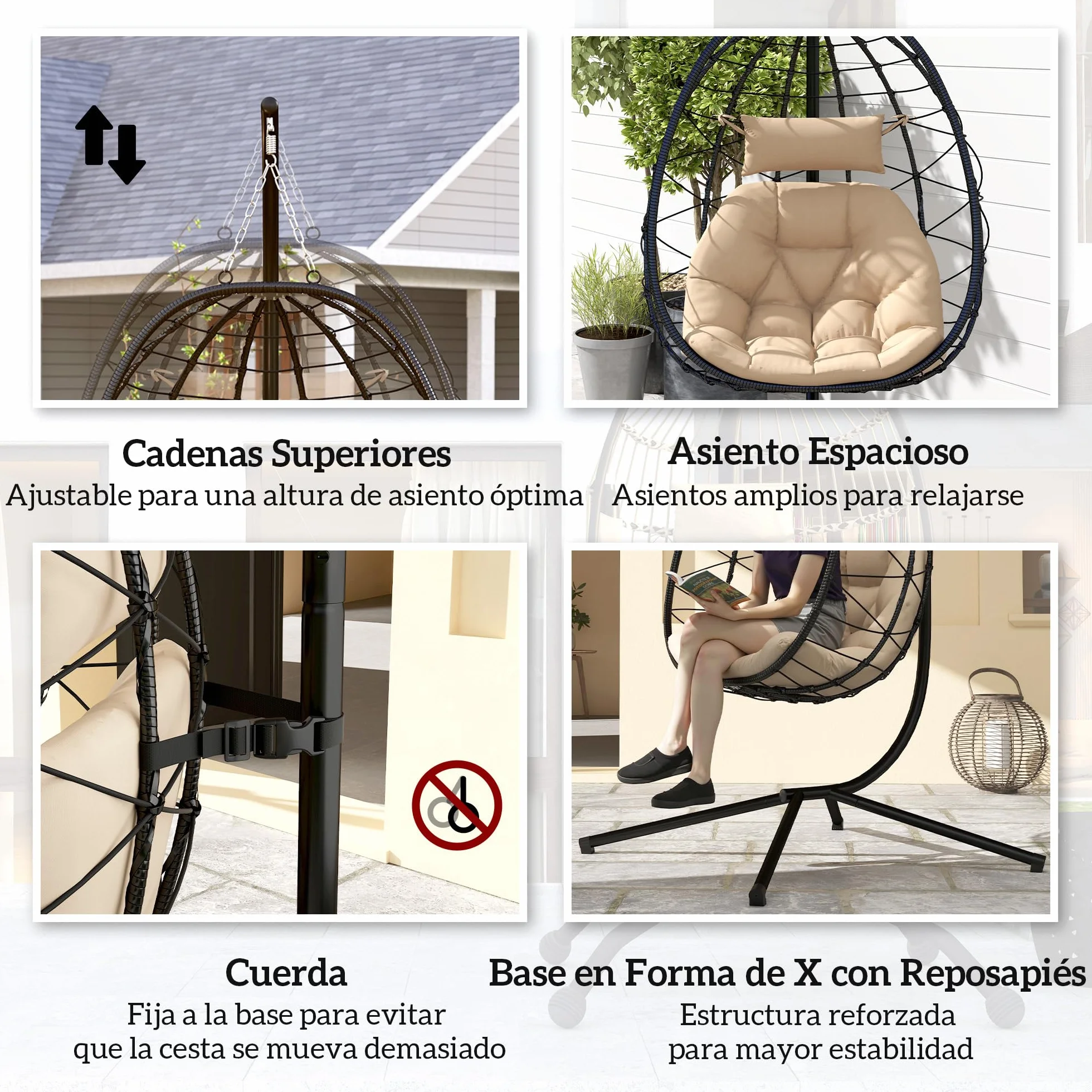 Outsunny Silla Colgante Huevo con Soporte Columpio Jardín Exterior con Cesta Plegable Cojín y Reposacabezas Columpio Colgante para Interior y Exterior Carga 120 kg Caqui