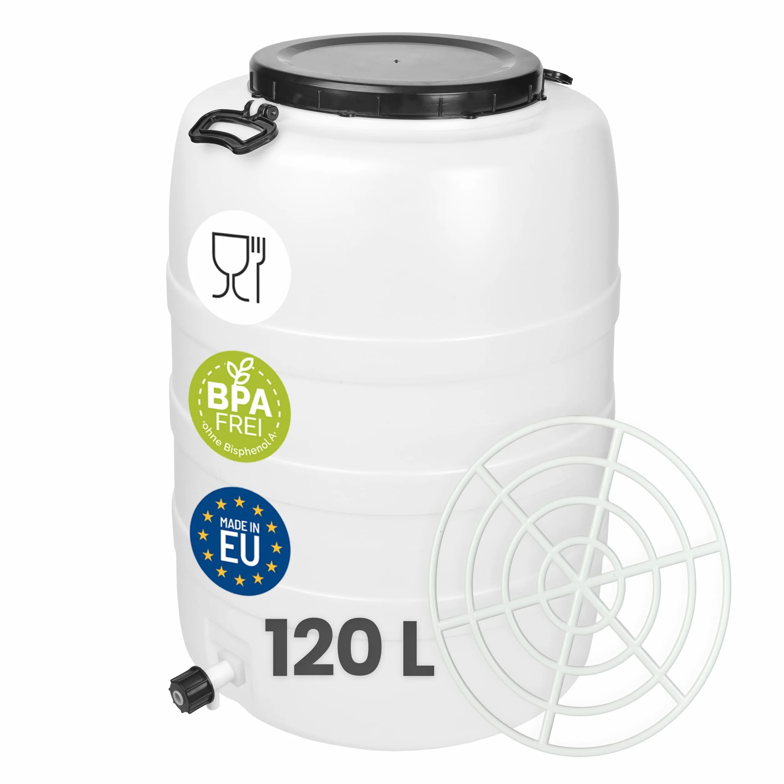 Garronda 120 L + Grifo + Prensa Bidon Barril de Plástico HDPE como Contenedor y Deposito para Agua y Alimentos para Almacenamiento, Fermentación y Recogida de Lluvia GD-0187 Blanco