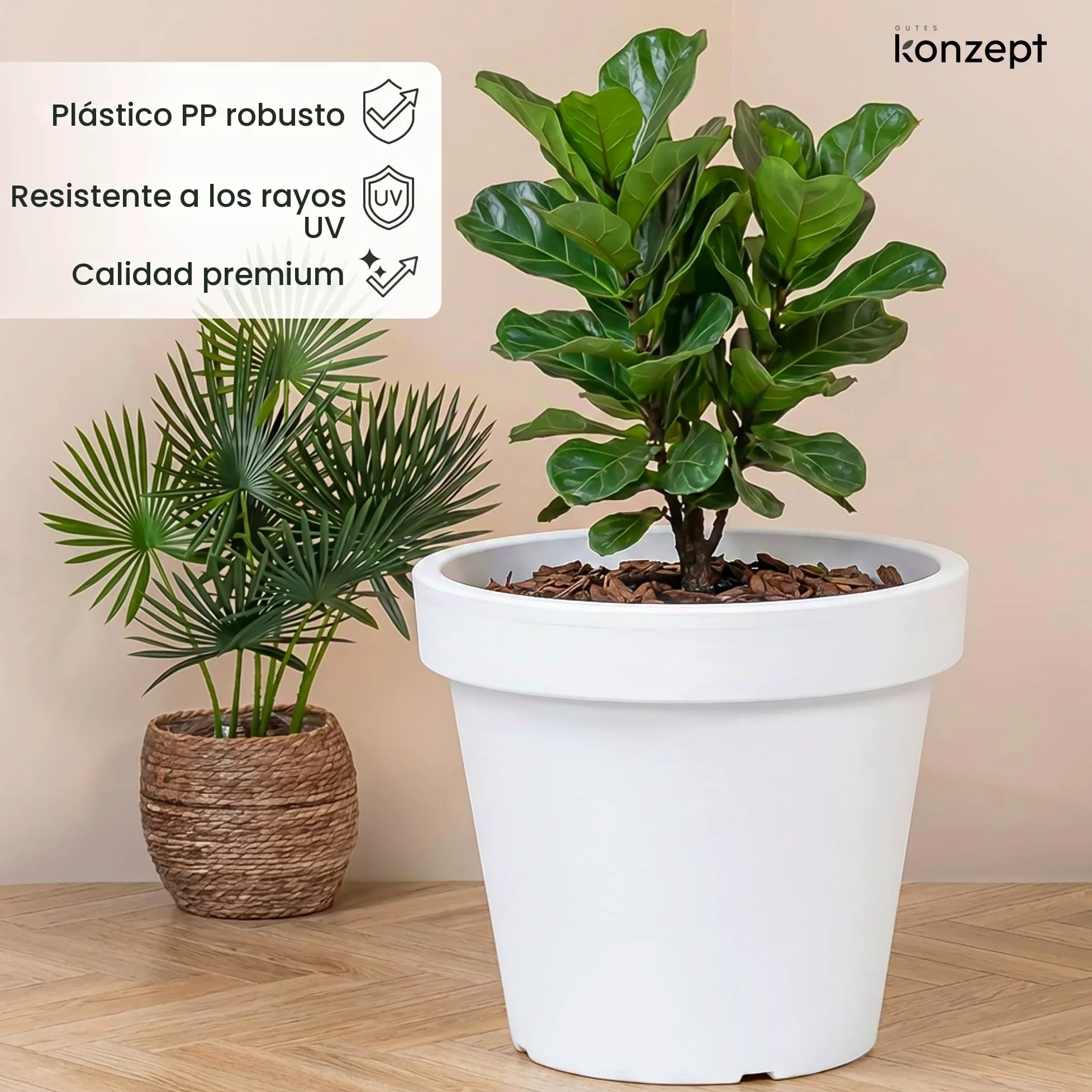 KONZEPT Macetero de 58 cm de diámetro, altura de 52 cm – Macetero grande exterior 87 L en forma cónica, macetero exterior robusto y estable de plástico, resistente a los rayos UV y a las heladas, para