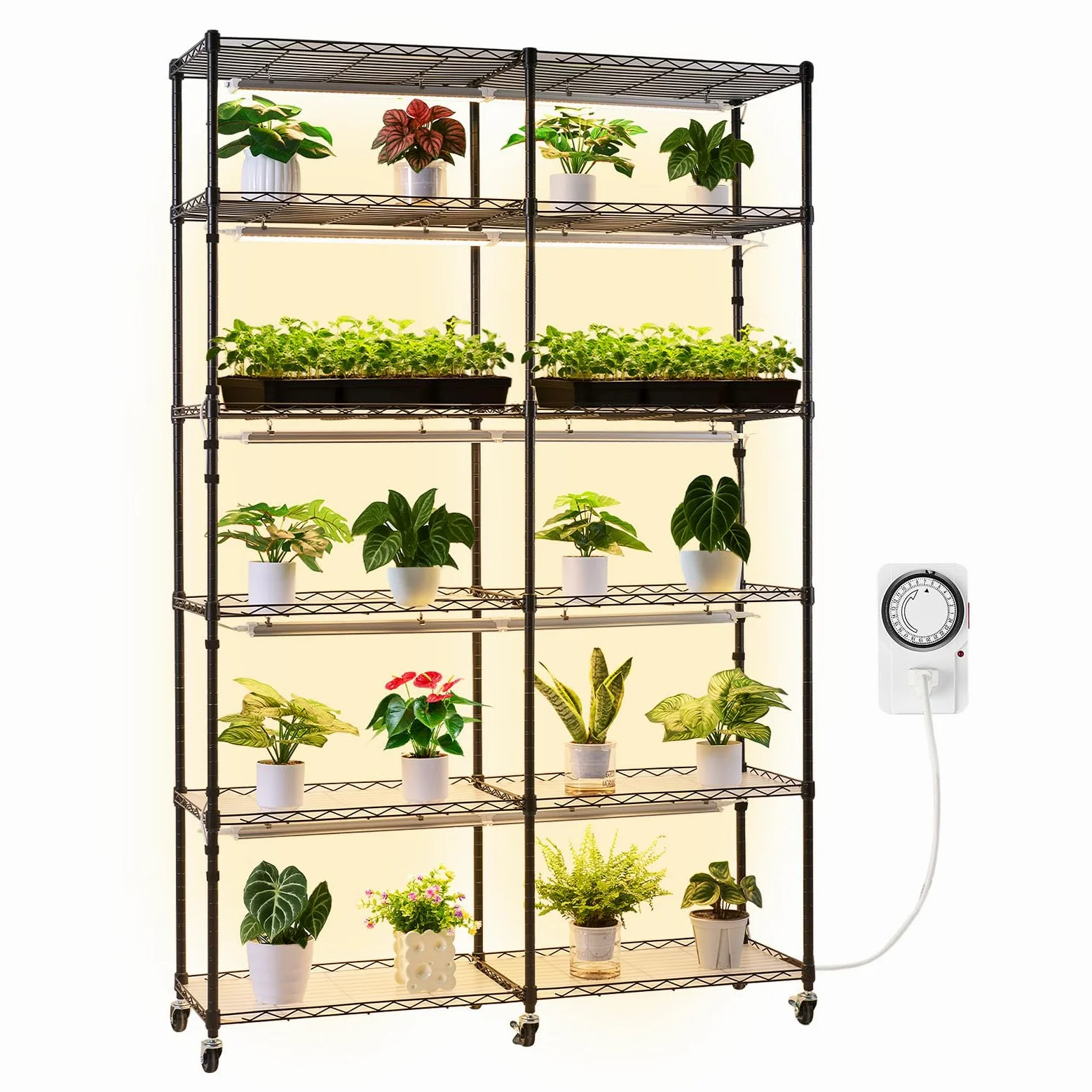 VEVOR Soporte para Plantas con Luz de Cultivo 6 Niveles Doble Fila 180 cm 200 W, Estante para Plantas con Ruedas, Temporizador Mecánico, para Crecimiento de Planta, Macetas, 1200 x 350 x 1800 mm