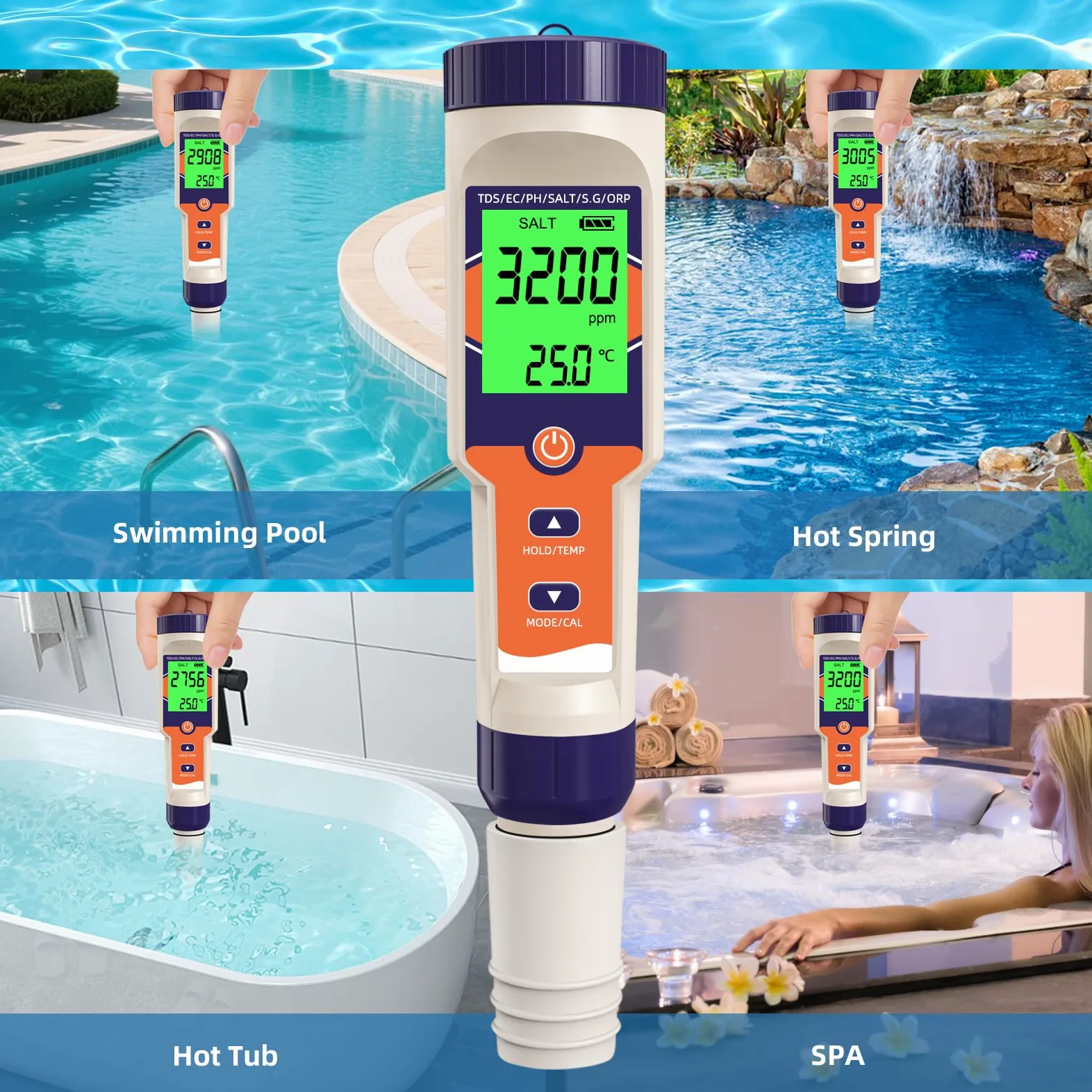 Probador digital de sal de piscina 7 en 1 | pH, ORP, salinidad, TDS, EC, medidor de temperatura, para piscinas de agua salada, jacuzzis, spas, acuarios, hidroponía