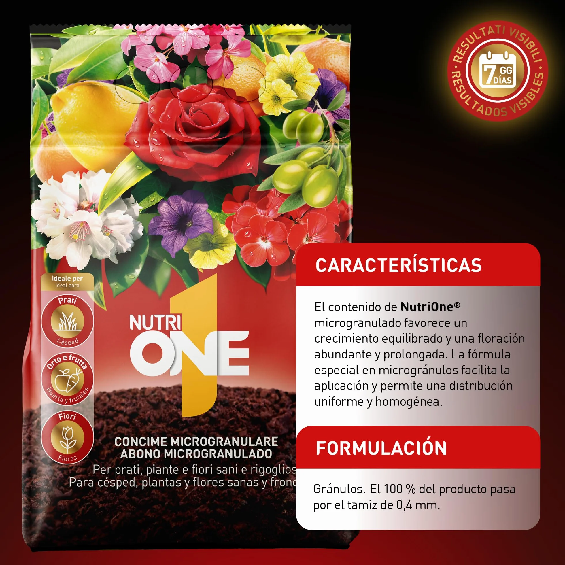 nutriONE Abono granulado para todo tipo de Plantas y Flores. Fertilizante Concentrado microgranulado Premium. Ingredientes naturales y resultados visibles en 7 días.