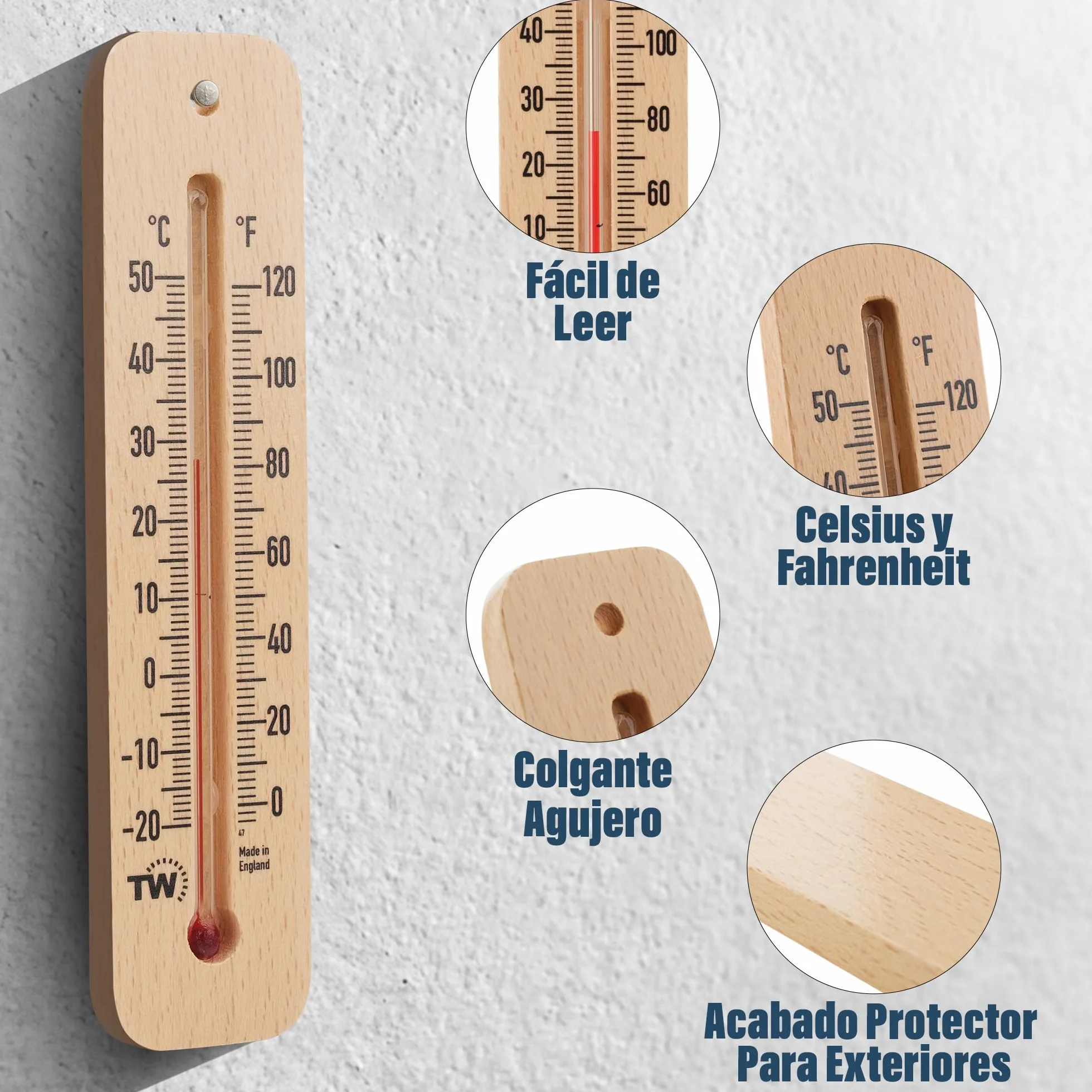 Termómetro Tradicional de Madera para Medir la Temperatura Ambiente, Ideal para Hogar, Oficina, Jardín, Invernadero o Garaje
