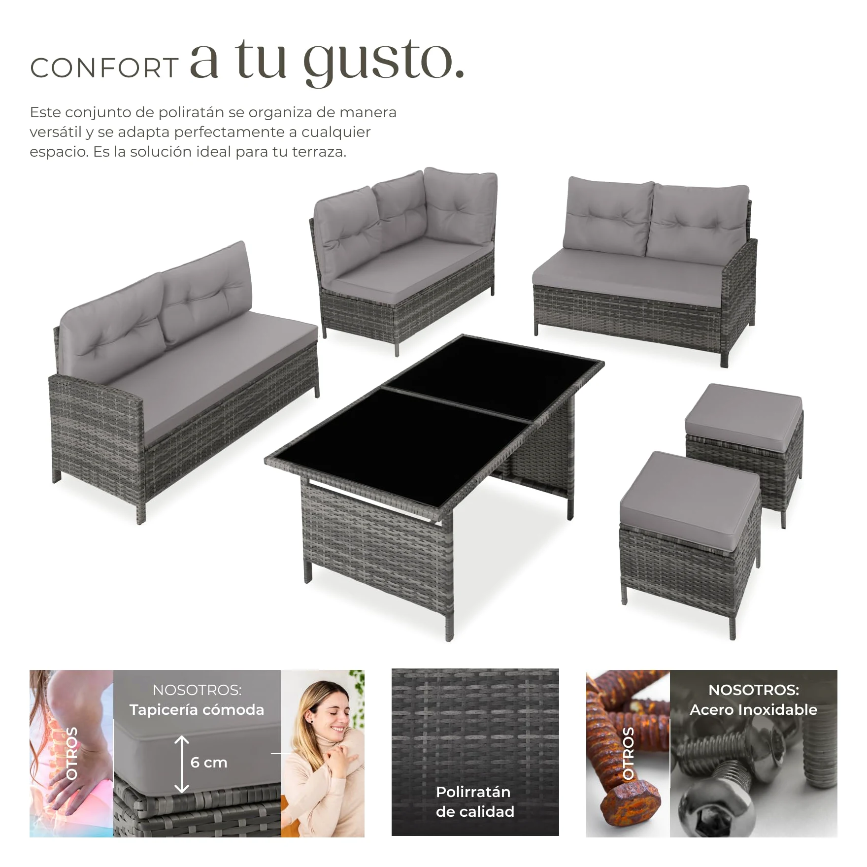 Tectake Conjunto Jardín Ratán 5 Piezas Sofá Esquina Mesa Cojines Gris Beige