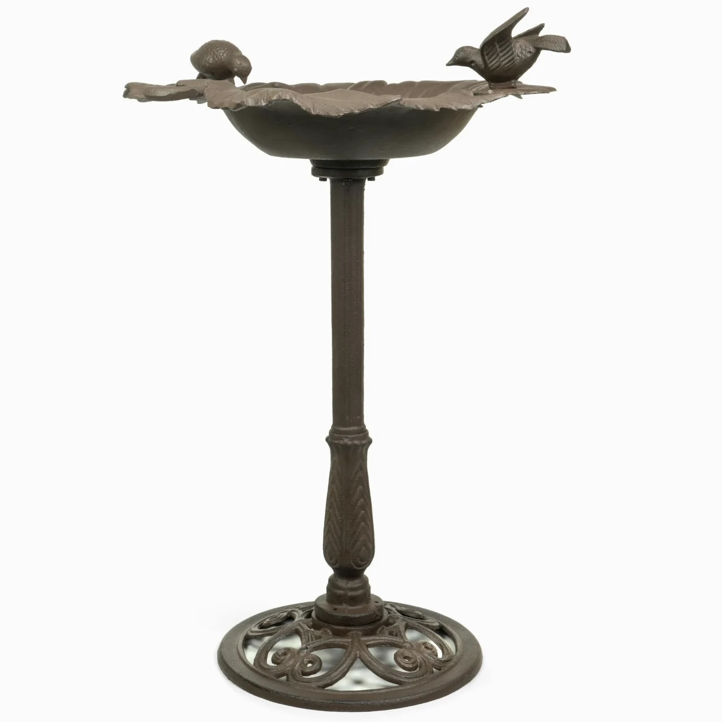 Moritz Bebedero para pájaros de 77 cm de alto, de hierro fundido, macizo, para jardín, forma de hoja, baño para pájaros con soporte, diseño antiguo