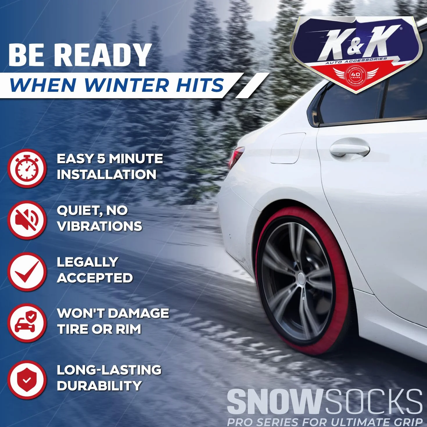 KNK Boutique Calcetines de nieve para neumáticos Serie Pro - Alternativa de agarre máxima para cadenas de nieve - Dispositivo de tracción (grande)