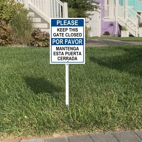 Letrero bilingüe para patio con estacas de 17,5 x 22 cm, de aluminio resistente, resistente a la intemperie, doble idioma, letrero de aviso de propiedad agrícola