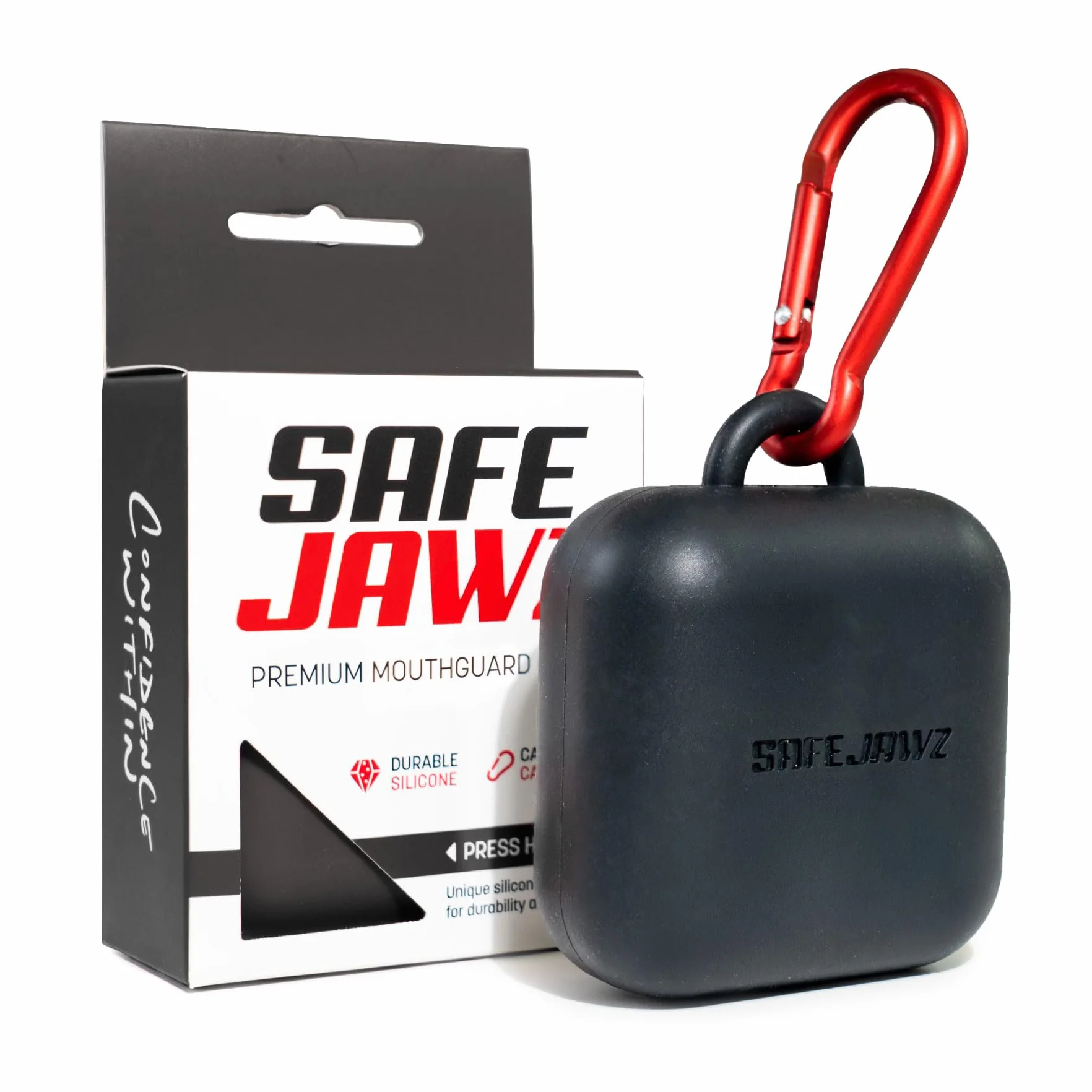 SAFEJAWZ Premium Estuche protector bucal mosquetón silicona flexible duradero Negro