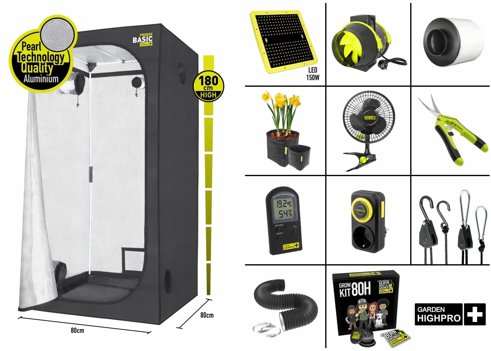 GARDEN HIGHPRO GROWKIT 80H | Grow Kit | Kit Cultivo | Armario Cultivo Indoor | Extractor 125mm | Filtro carbón | Ventilador 5W | Combiduct | Tijeras