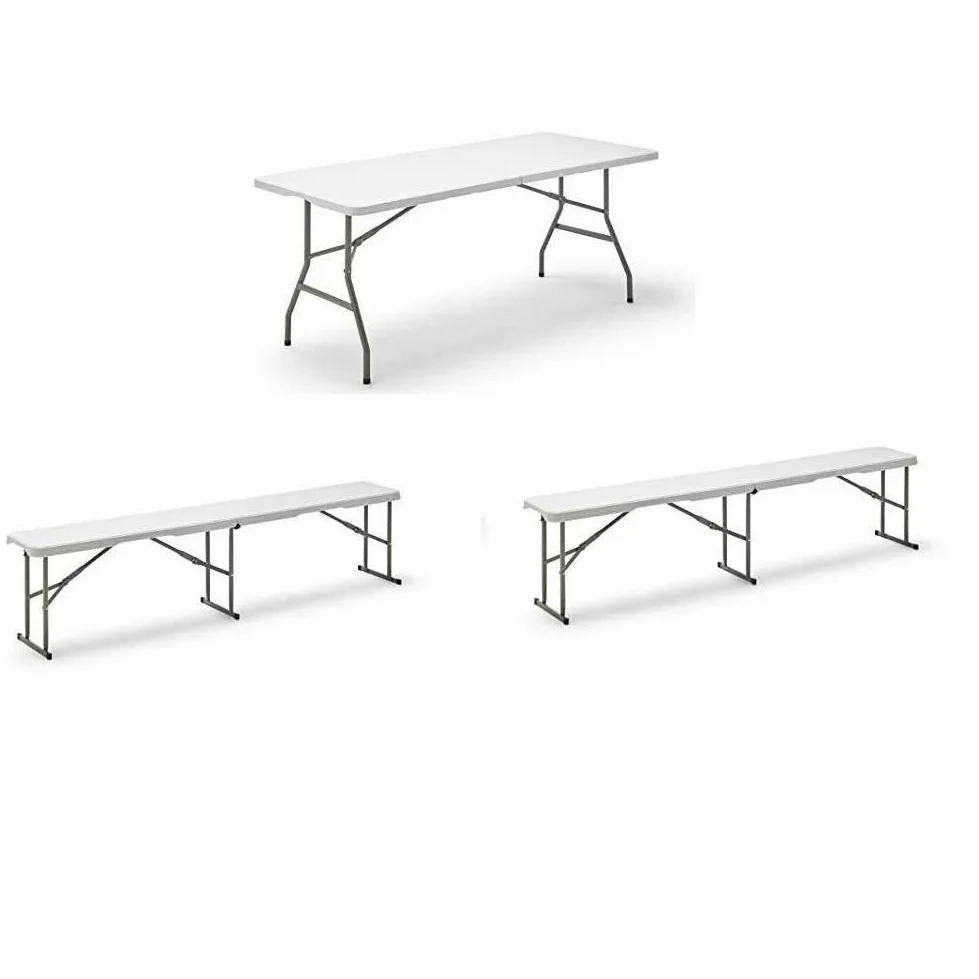 KG KITGARDEN - Mesa Plegable Multifuncional, 180x74x74cm, Blanco, KG Folding 180 2 Bancos Plegable Multifuncional, 180x28x43 cm, Blanco, Folding BC180