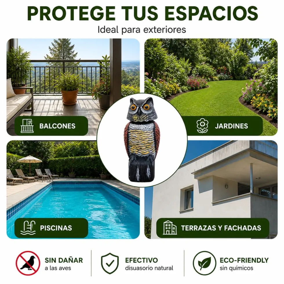 Remi Hogar Búho Espantapájaros Realista | Ahuyenta Palomas, gaviotas y Otras Aves urbanas | para Exteriores, Balcones, Jardines y Piscinas | Poliuretano | Respetuoso con el medioambiente y Fauna