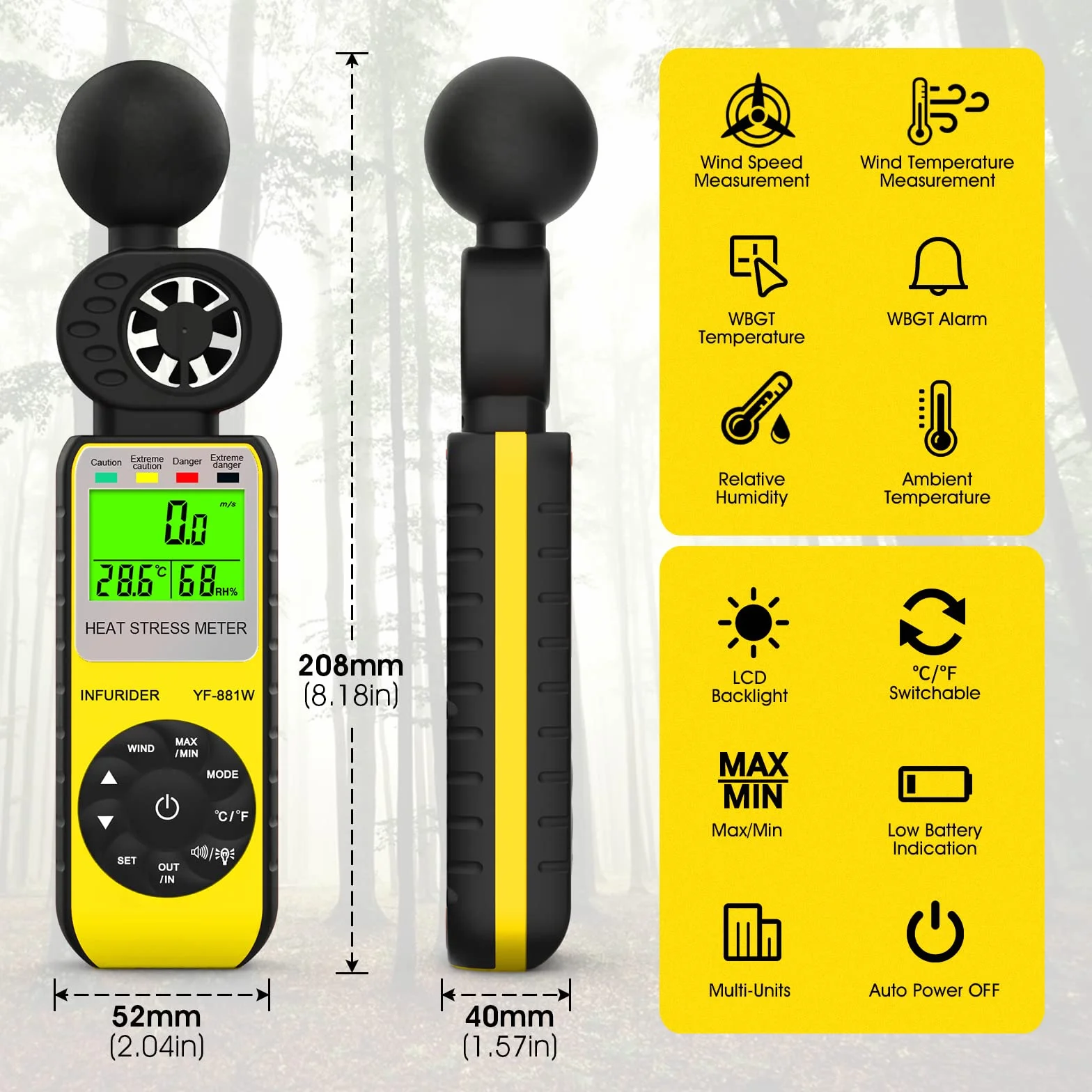 Anemómetro Digital Medidor de Velocidad del Viento,Medidor de Estrés Térmico WBGT Mide la Velocidad del Viento/Temperatura del Viento/Humedad,Medidor de Viento para Industrial y Exterior