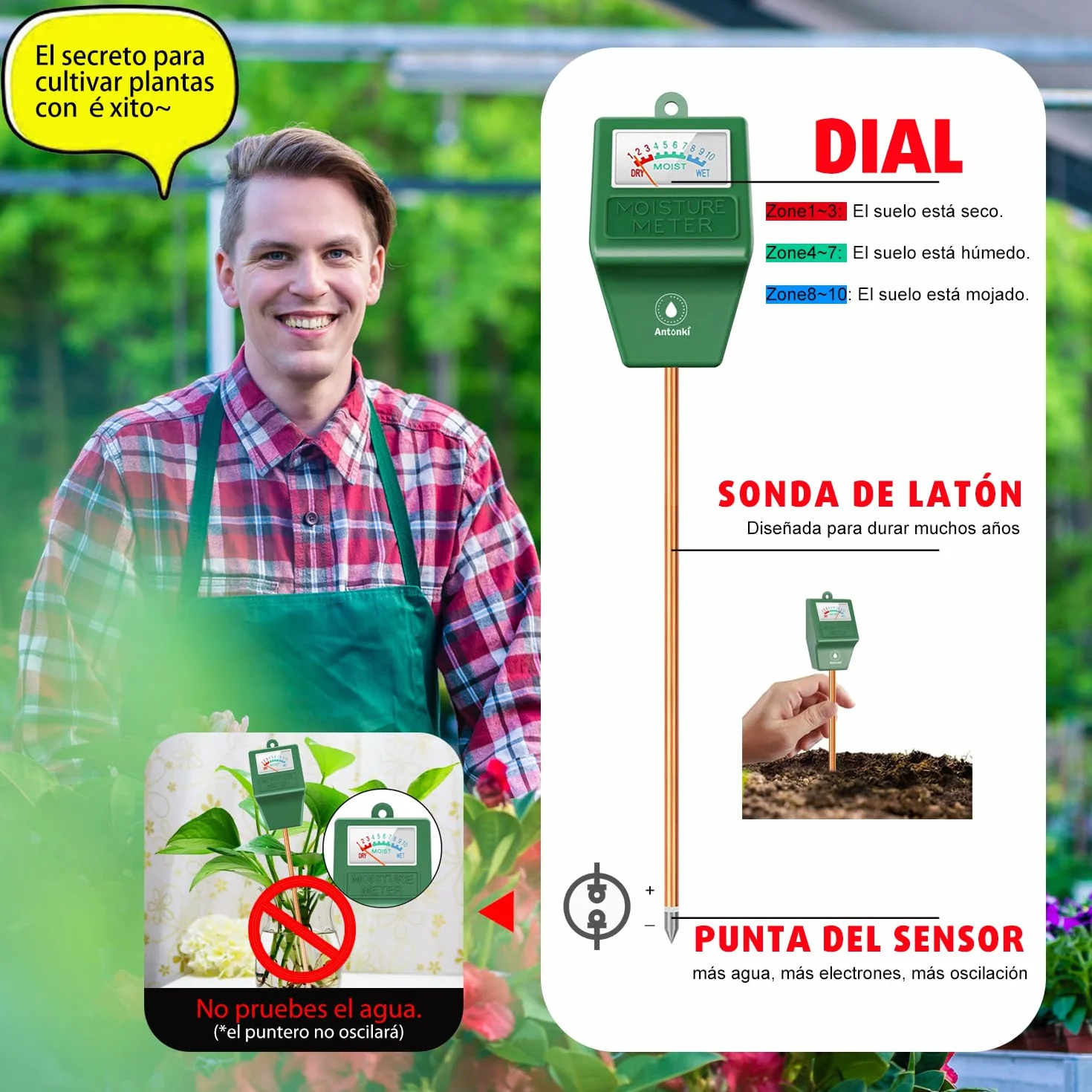 Antonki 2 Piezas Medidor Humedad Plantas, Higrometro Plantas de Suelo, Monitor de Riego de Flores para Plantas de Interior y Exterior, No se Necesitan Baterías