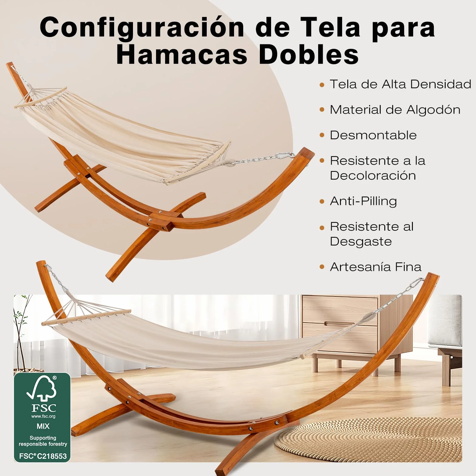 Hamaca con Soporte de Madera, Incluye 2 Hamacas, Carga 200 kg, 320x120x120 cm, Estructura Arqueada Estable de Madera, Altura Ajustable, para Jardín, Terraza y Balcón