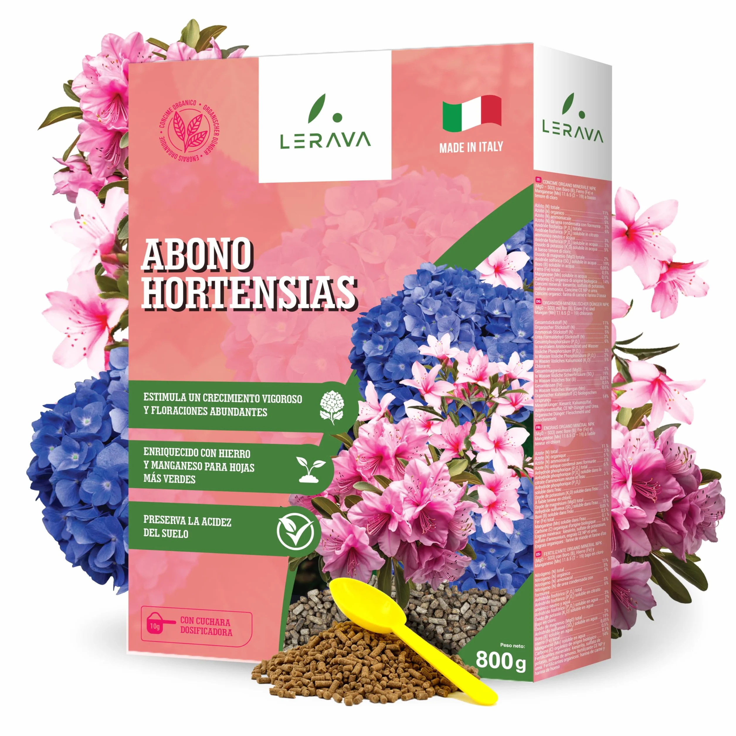 LERAVA Abono hortensias (2x800 g) - Abono acidófilas BIO para hortensias y rododendros - Mantiene suelo ácido I Crecimiento vigoroso y floración abundante - Ideal jardin