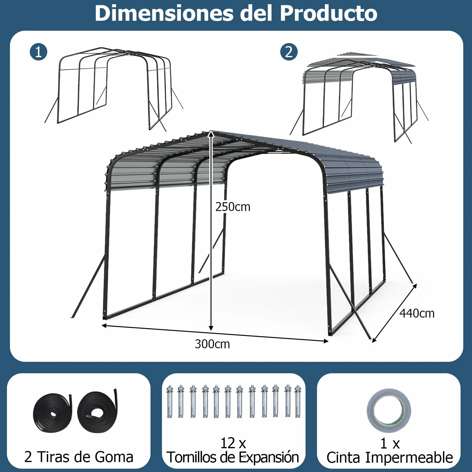 GOPLUS Cobertizo de Coche de Metal, 440 x 300 x 250 cm, Refugio de Vehículo con Techo Duro, 4 Patas Inclinadas y Anclajes de Fijación para Exteriores, Carpa Al Aire lIbre para Camiones, Tractores, Suv