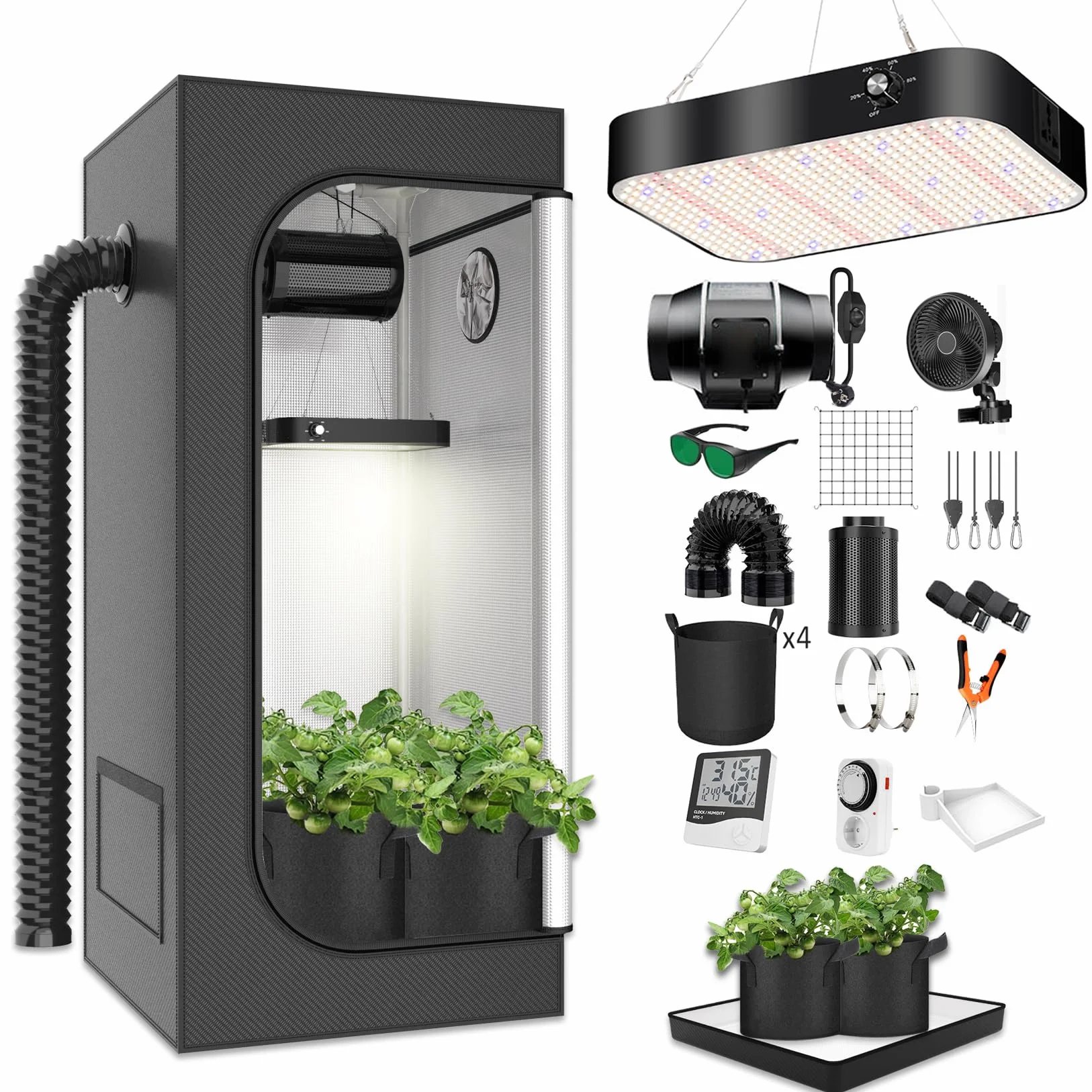 Armario de Cultivo Juego Completo Armario de Cultivo Kit 120x120x200cm con 200W LED Lámpara de Cultivo de Espectro Completo Regulable, Armario de Cultivo Kit Completo Hidroponía