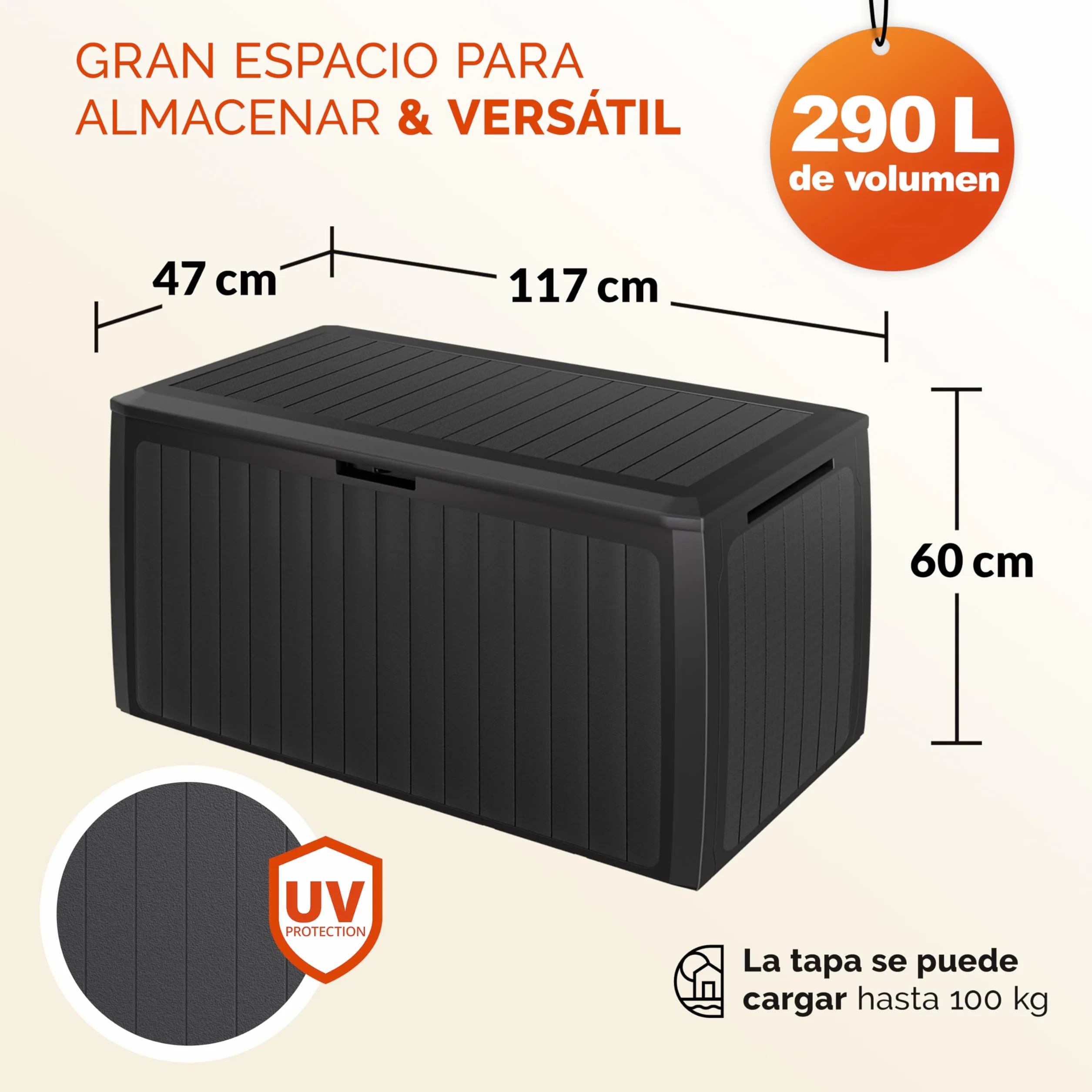 CASARIA® Arcón Jardín Exterior Baúl Almacenaje 290L con 6 Ruedas Asas Resistente Intemperie Rayos UV Caja Cojines 117x47x60cm Antracita