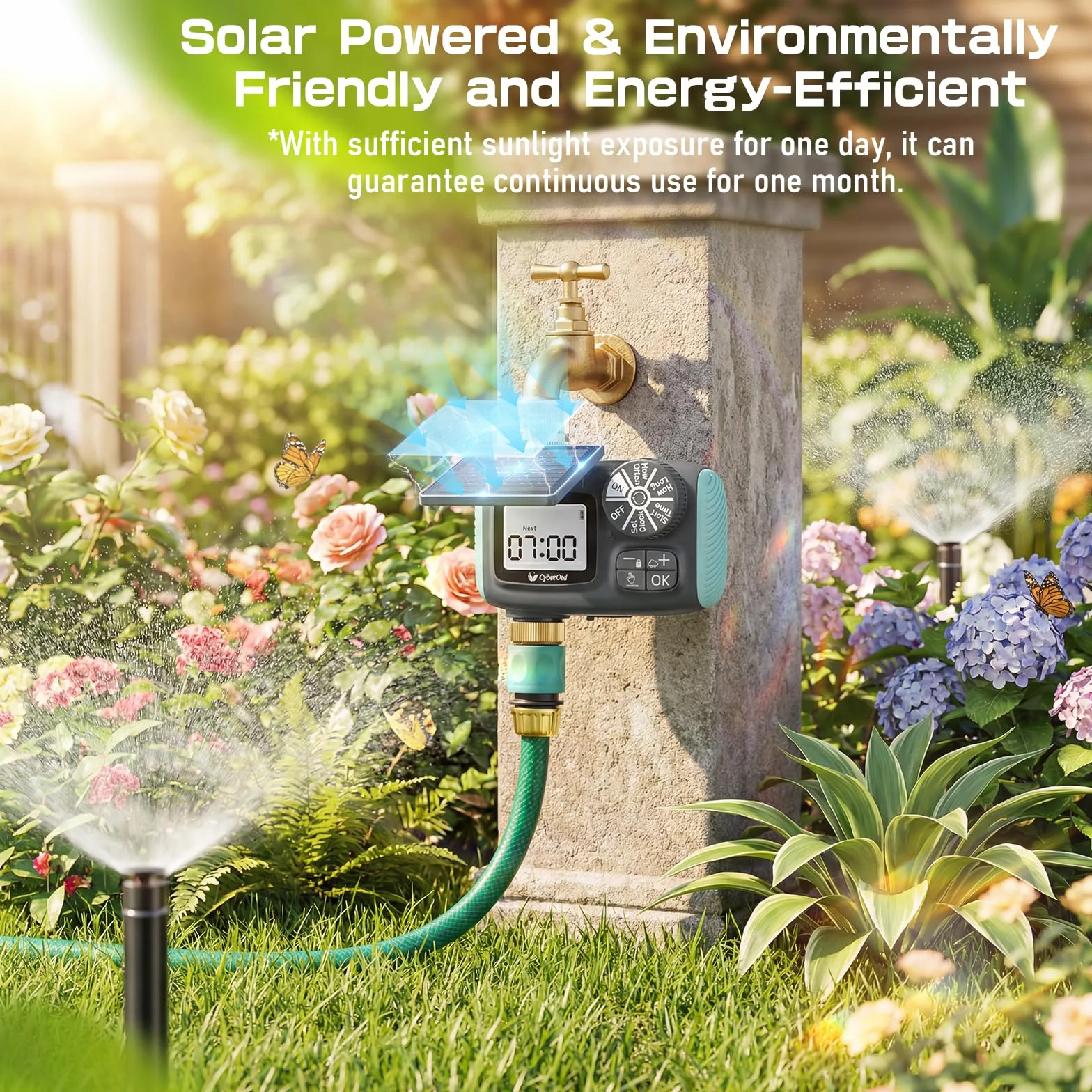 Programador Riego Solar, 3/4” Entrada de Latón Ecológico Temporizador Automático para Jardín Temporizador de Riego con Retraso por Lluvia/Riego Manual Control de Riego para Césped y Macetas